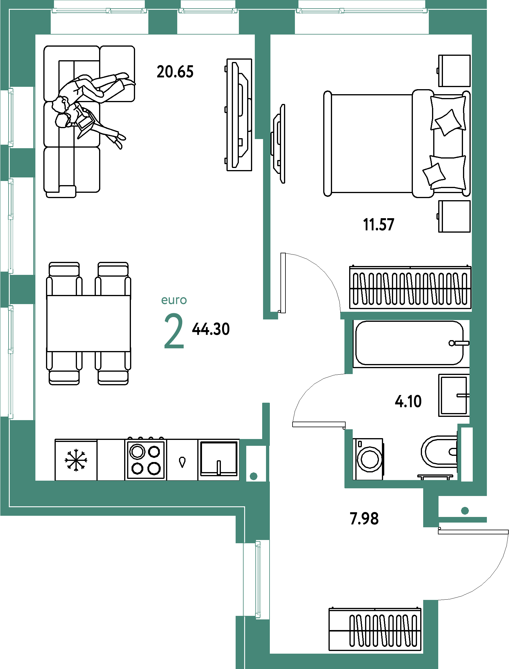 ЖК "Домашний"-2-комнатная 44.3 м²