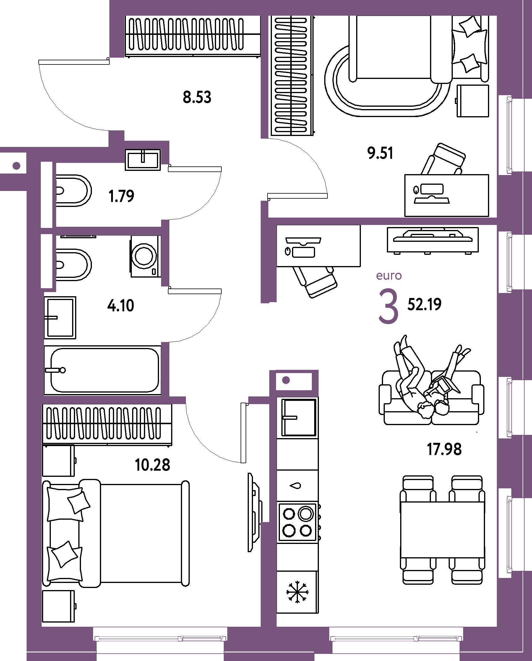 ЖК "Домашний"-3-комнатная 52.19 м²