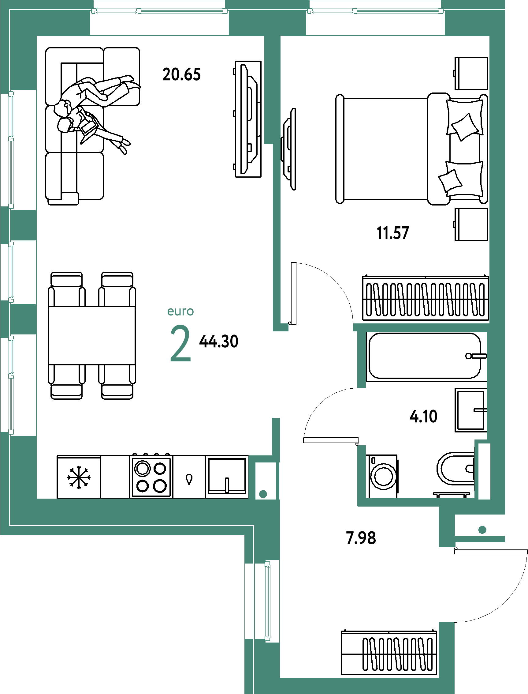 ЖК "Домашний"-2-комнатная 44.3 м²