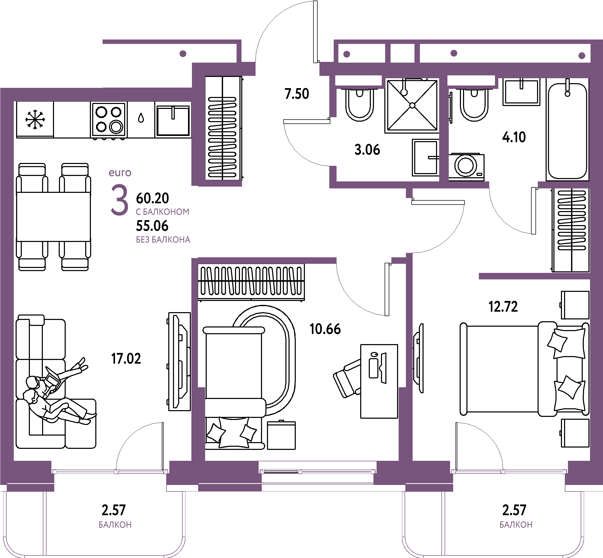 ЖК "Домашний"-3-комнатная 60.2 м²