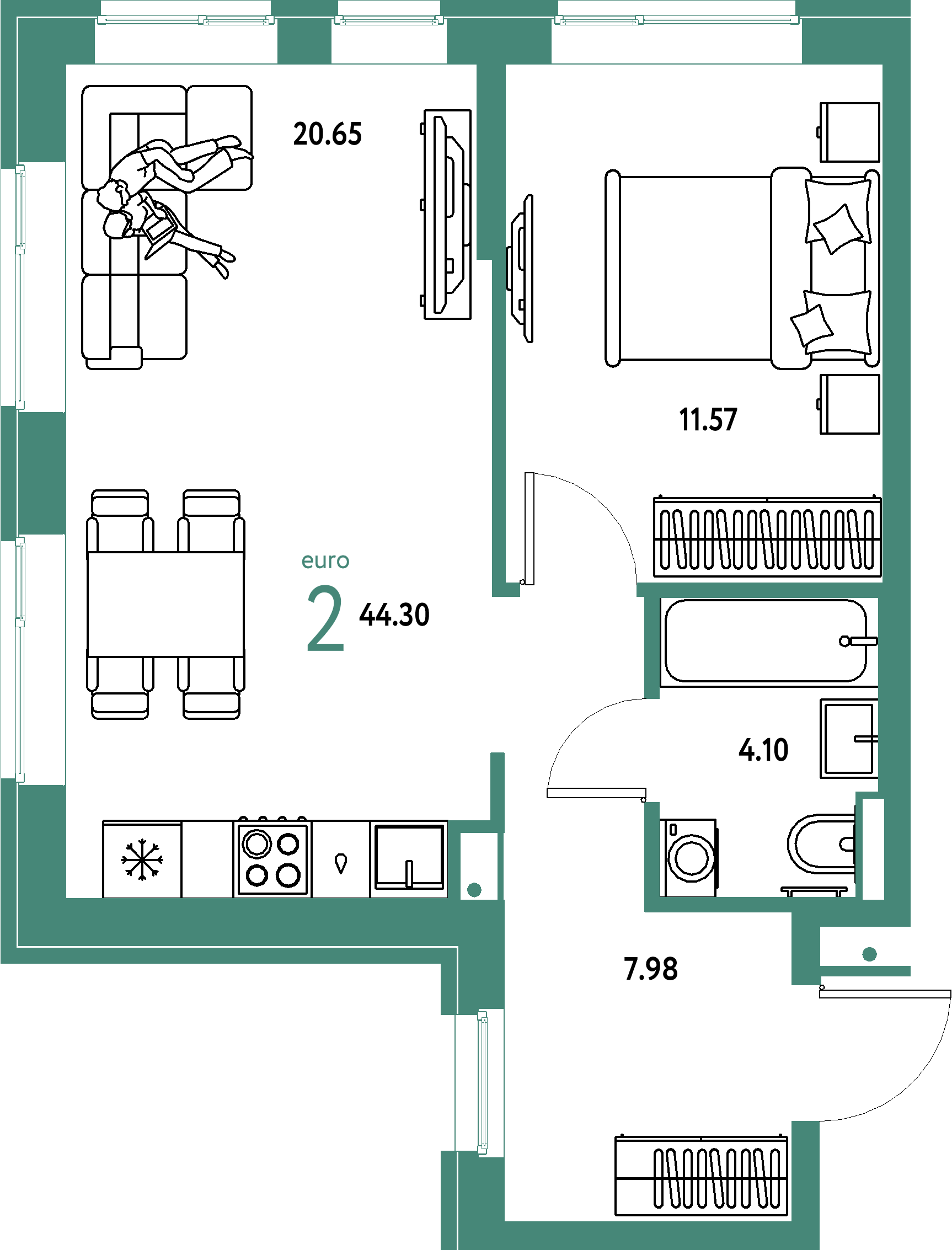 ЖК "Домашний"-2-комнатная 44.3 м²