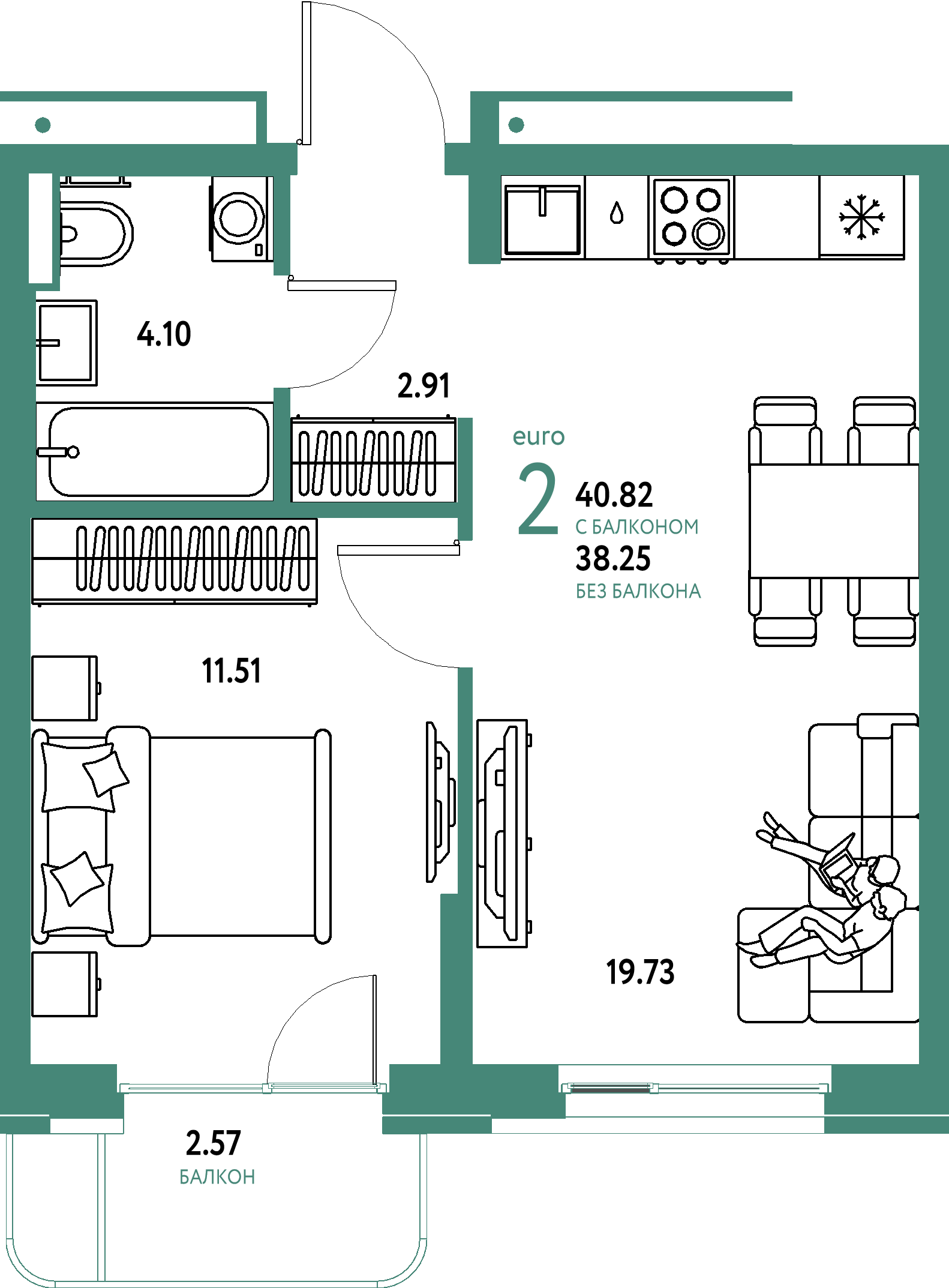 ЖК "Домашний"-2-комнатная 40.82 м²