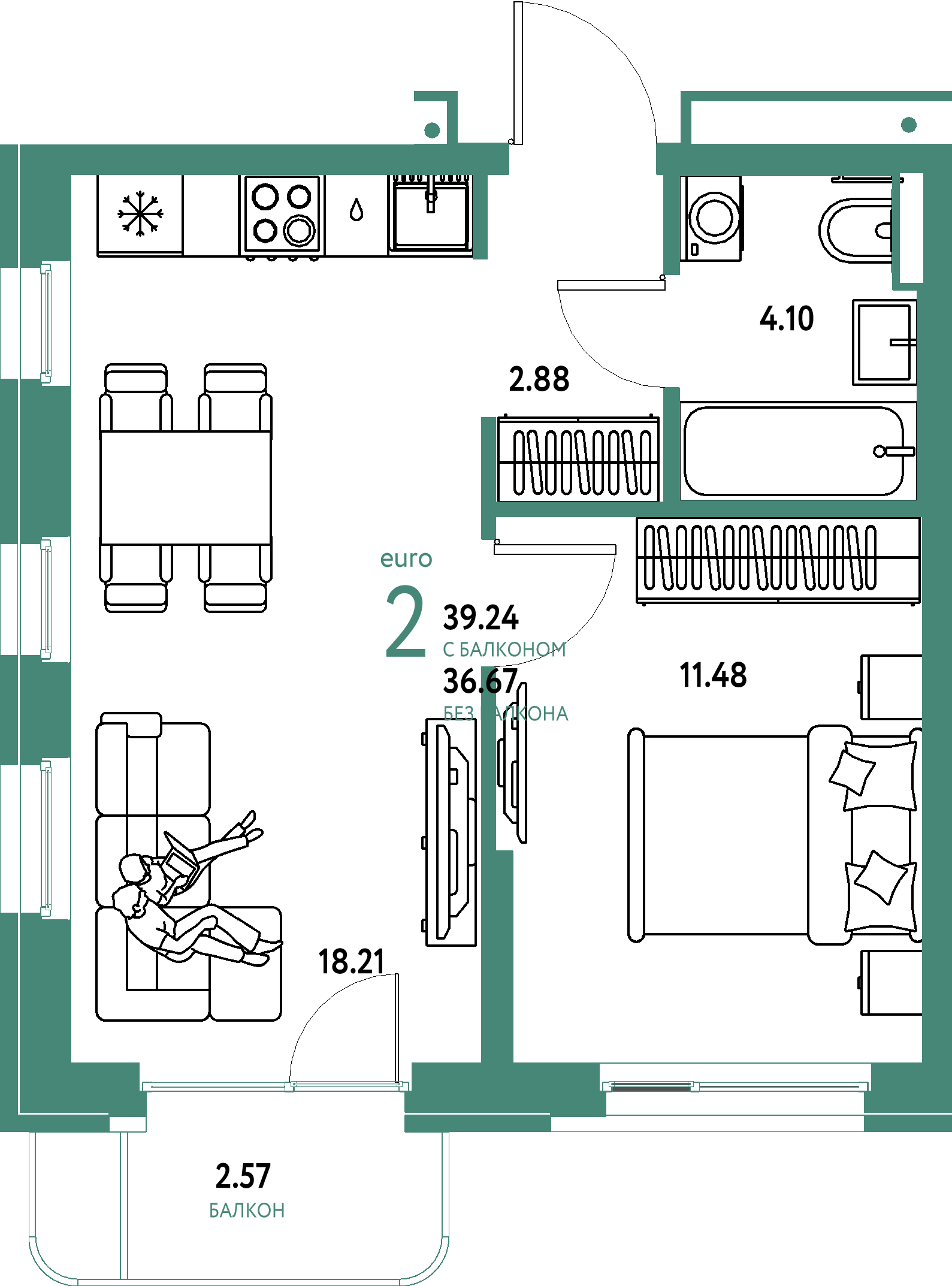 ЖК "Домашний"-2-комнатная 39.24 м²