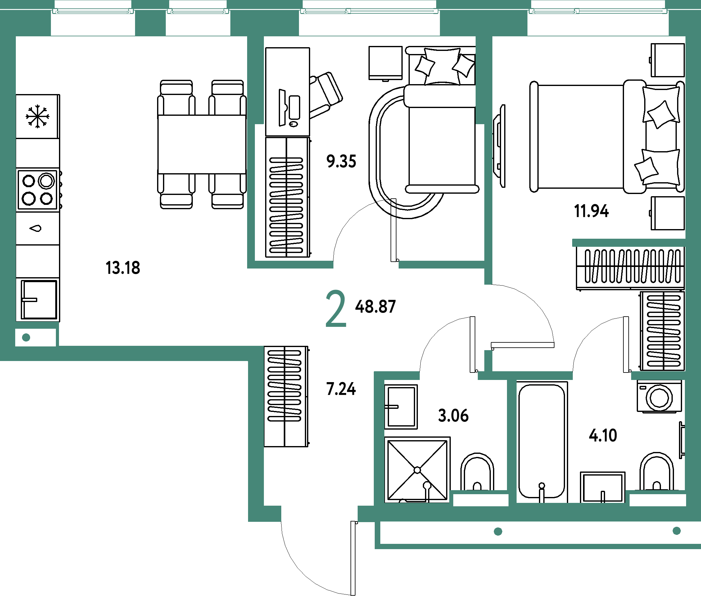 ЖК "Домашний"-2-комнатная 48.87 м²