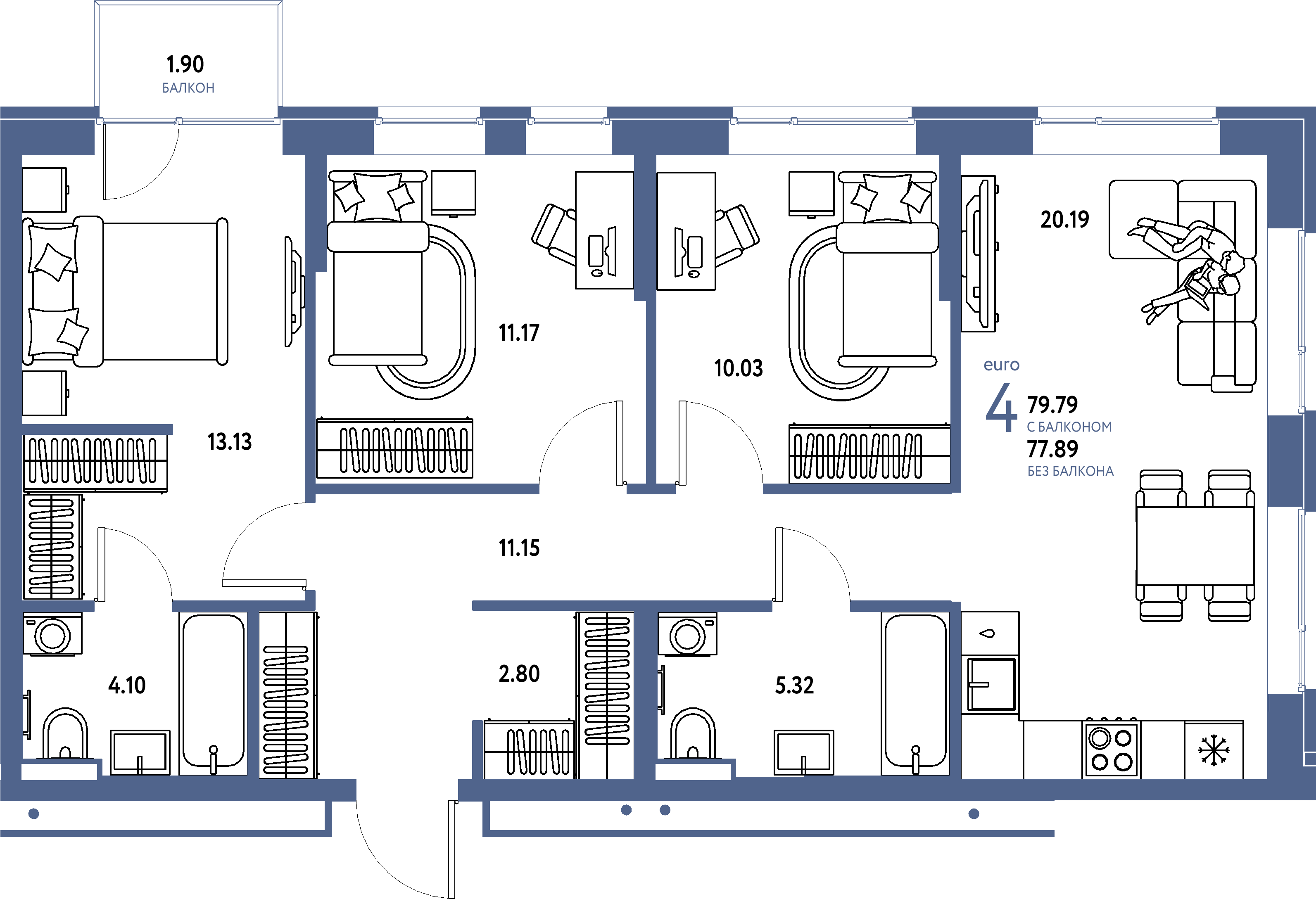 ЖК "Домашний"-4-комнатная 79.79 м²