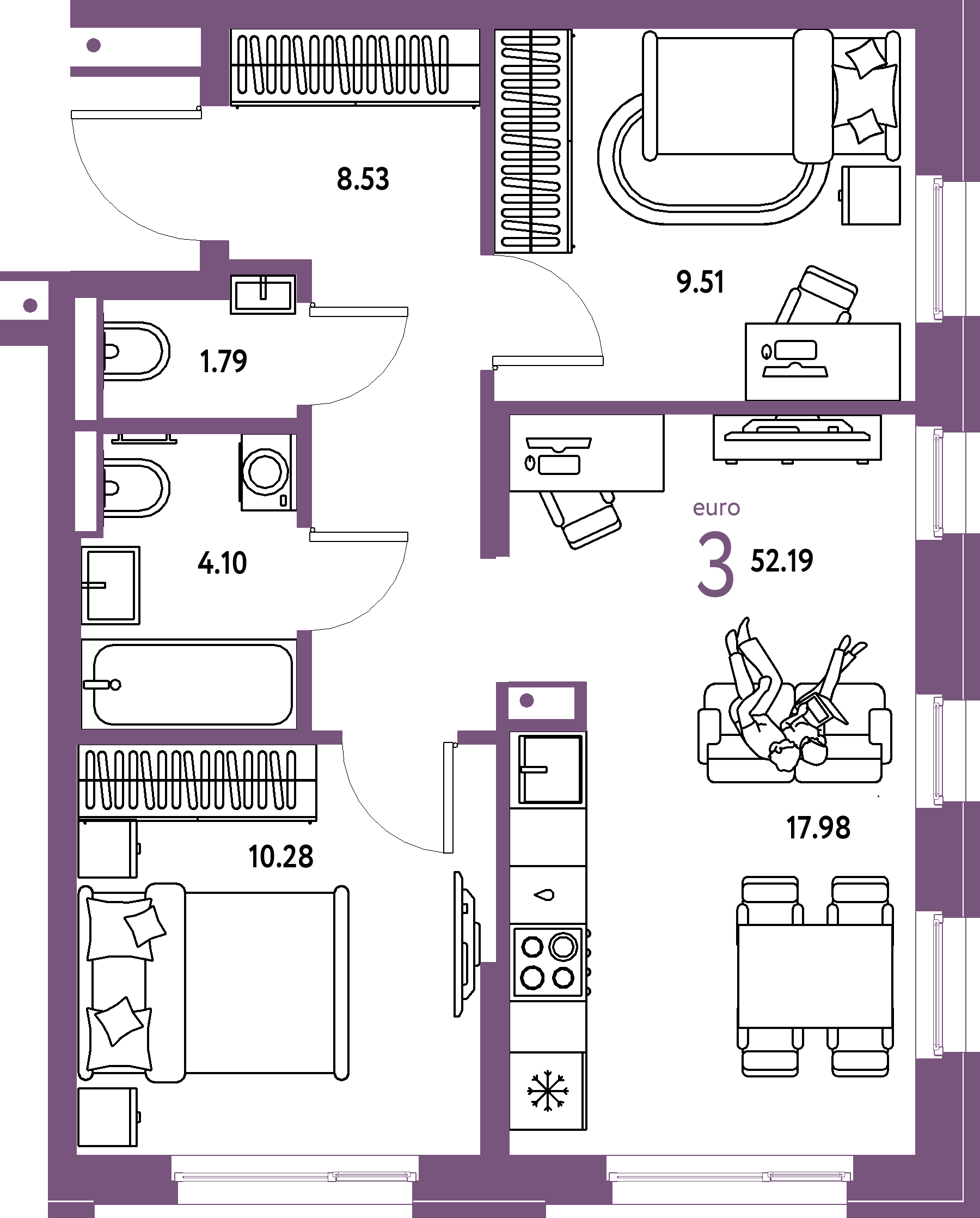 ЖК "Домашний"-3-комнатная 52.19 м²