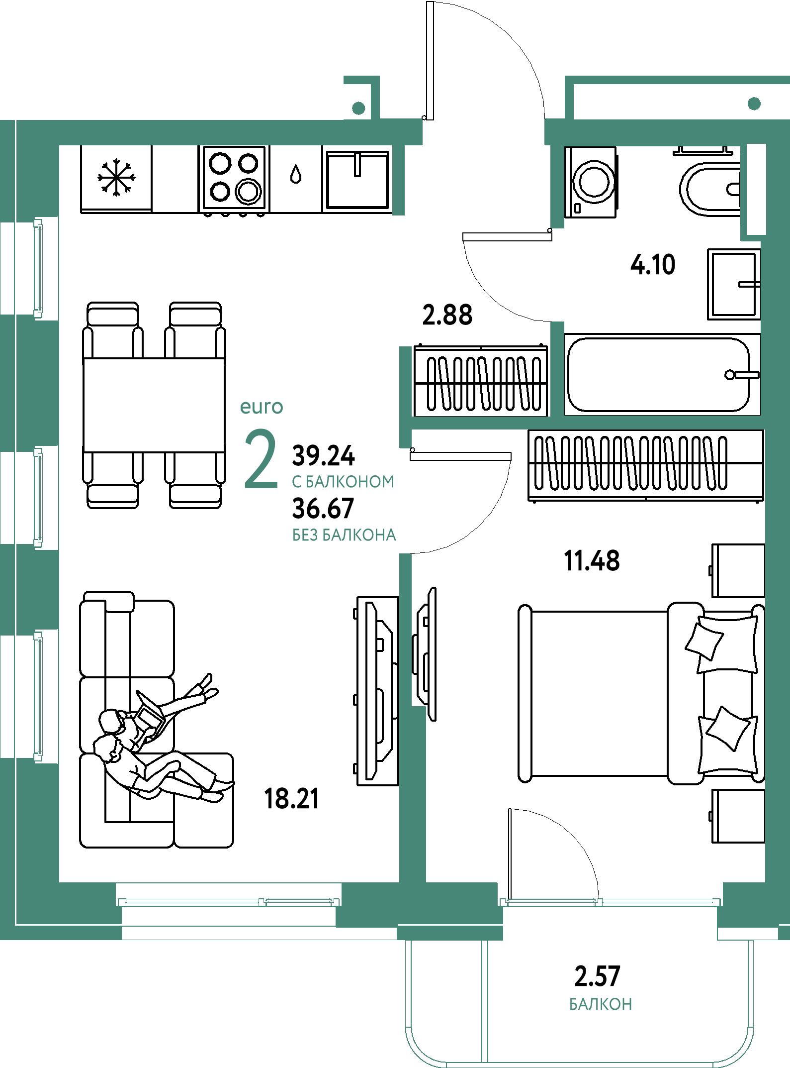 ЖК "Домашний"-2-комнатная 39.24 м²