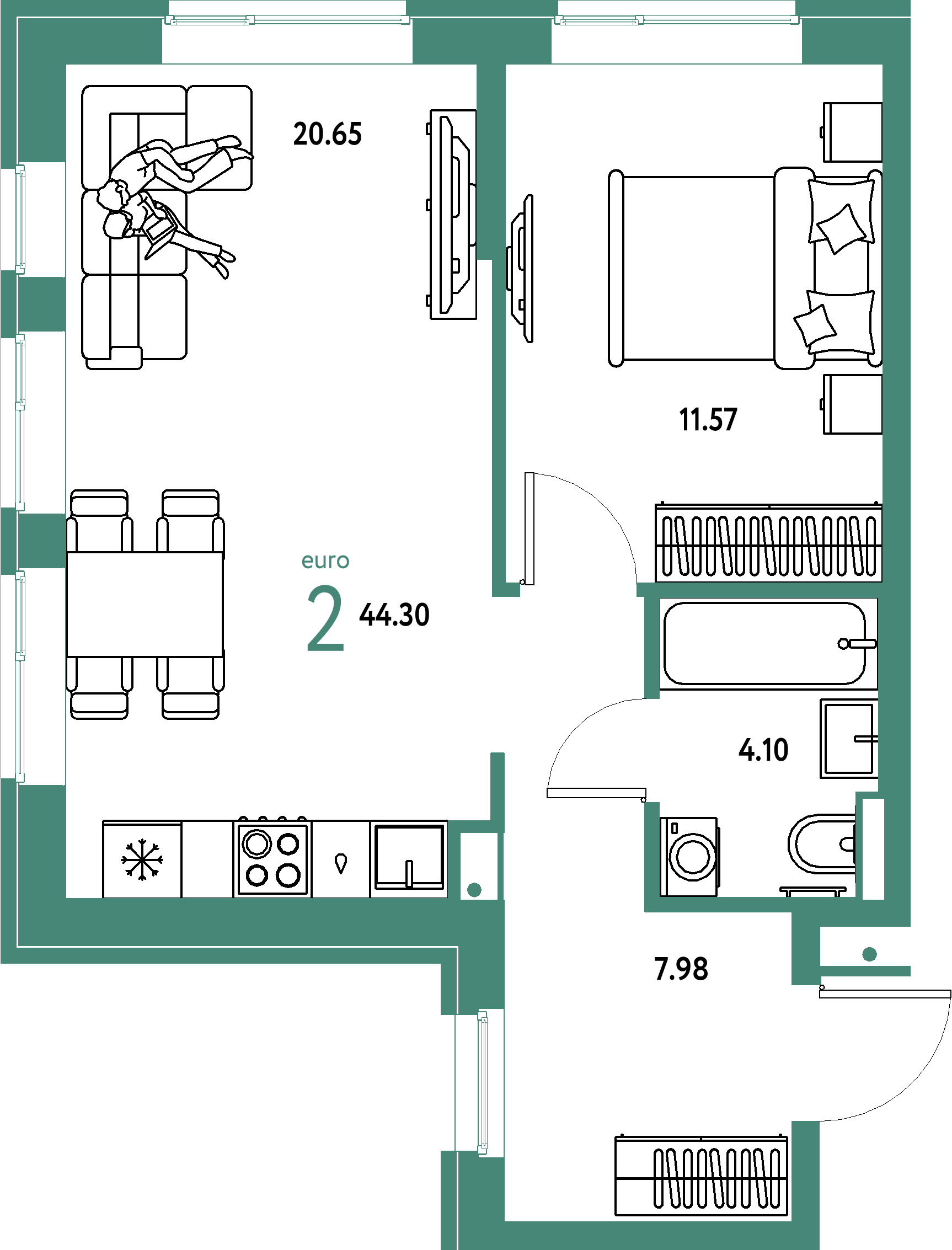 ЖК "Домашний"-2-комнатная 44.3 м²