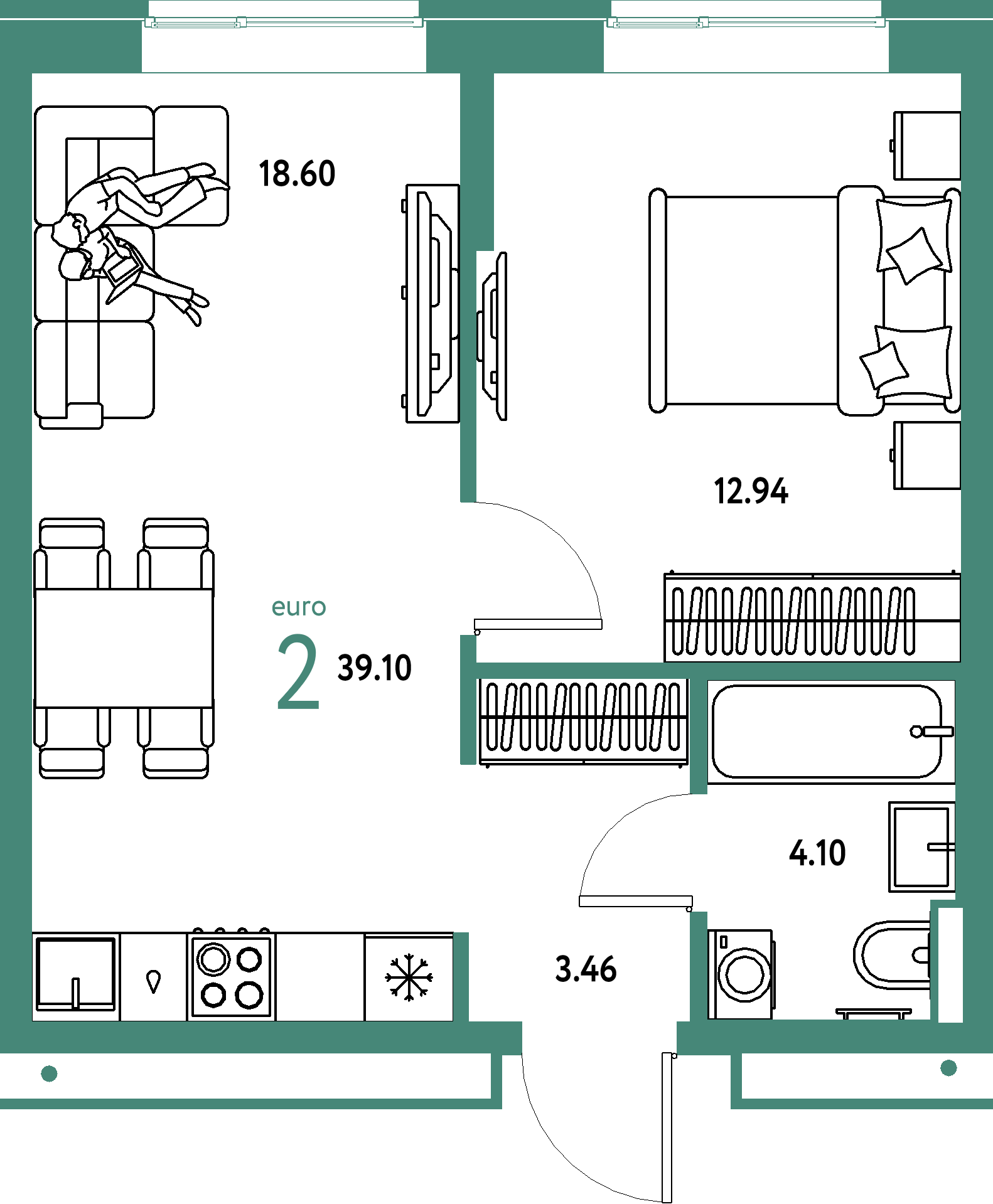 ЖК "Домашний"-2-комнатная 39.1 м²