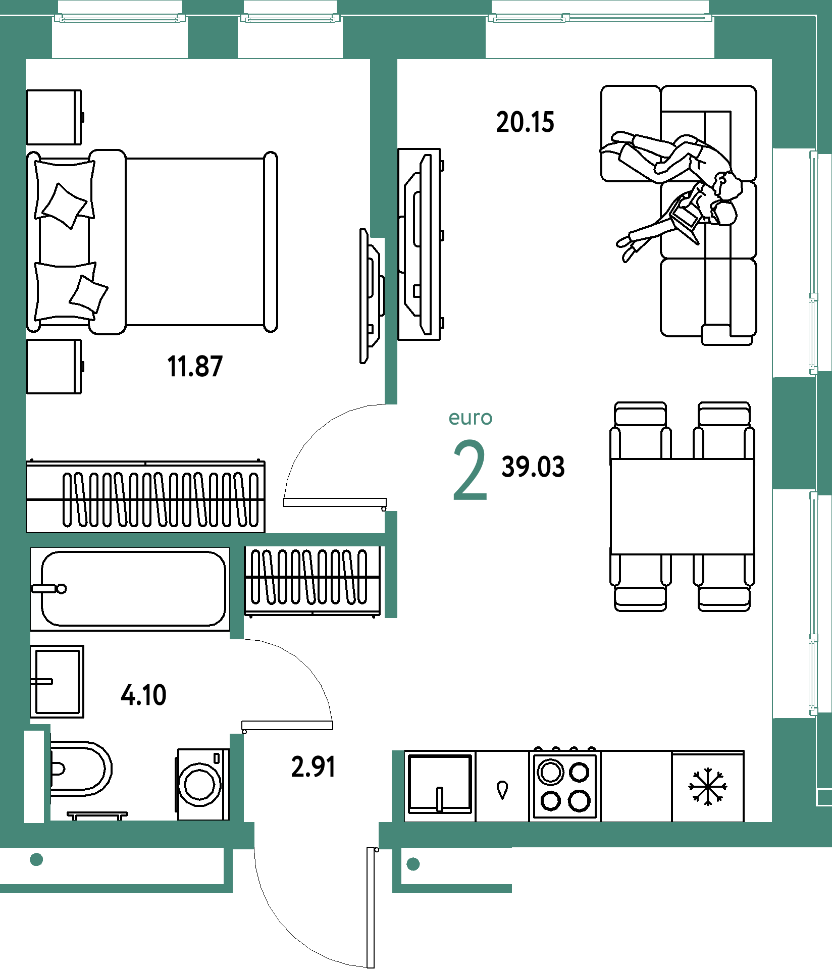 ЖК "Домашний"-2-комнатная 39.03 м²