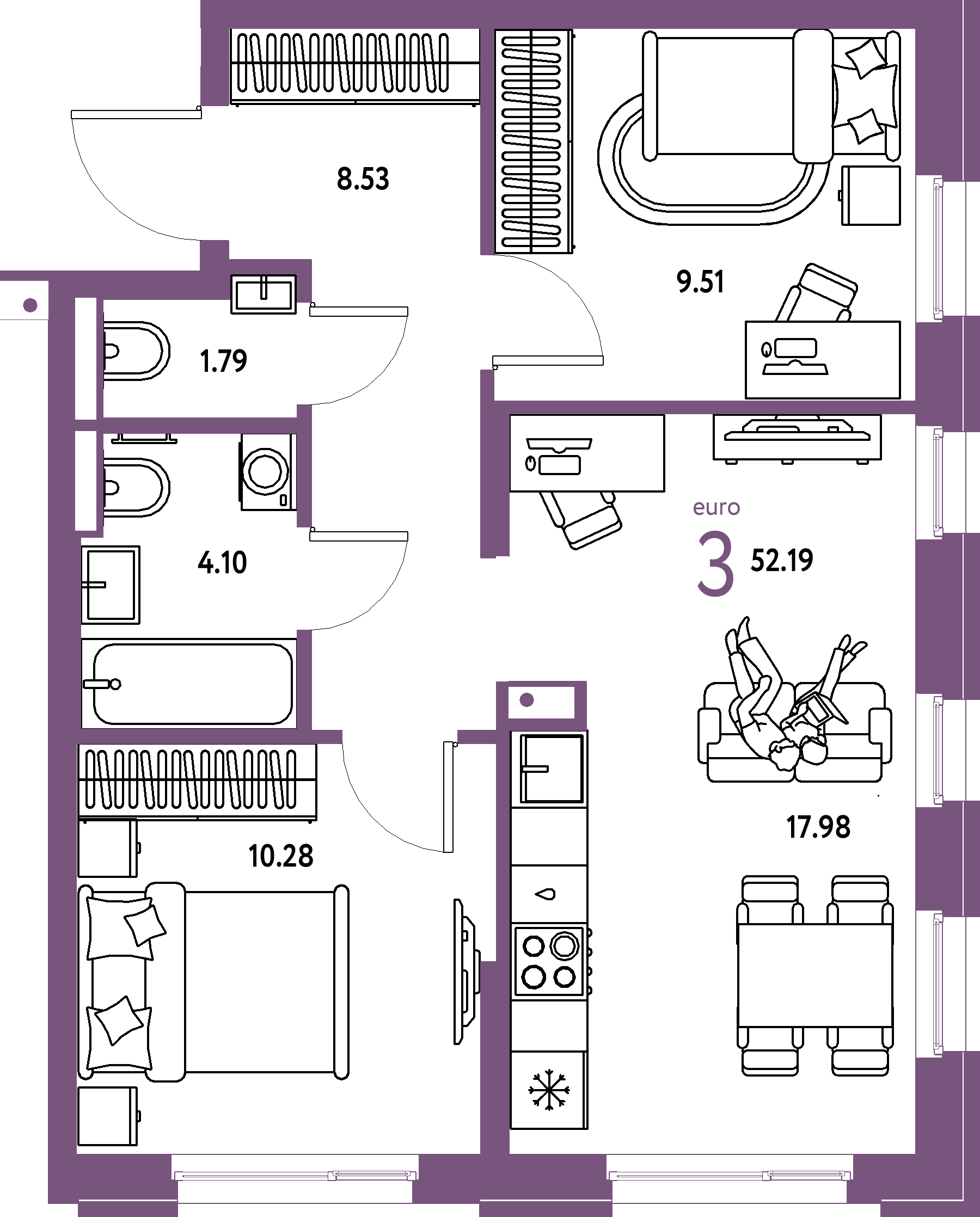 ЖК "Домашний"-3-комнатная 52.19 м²