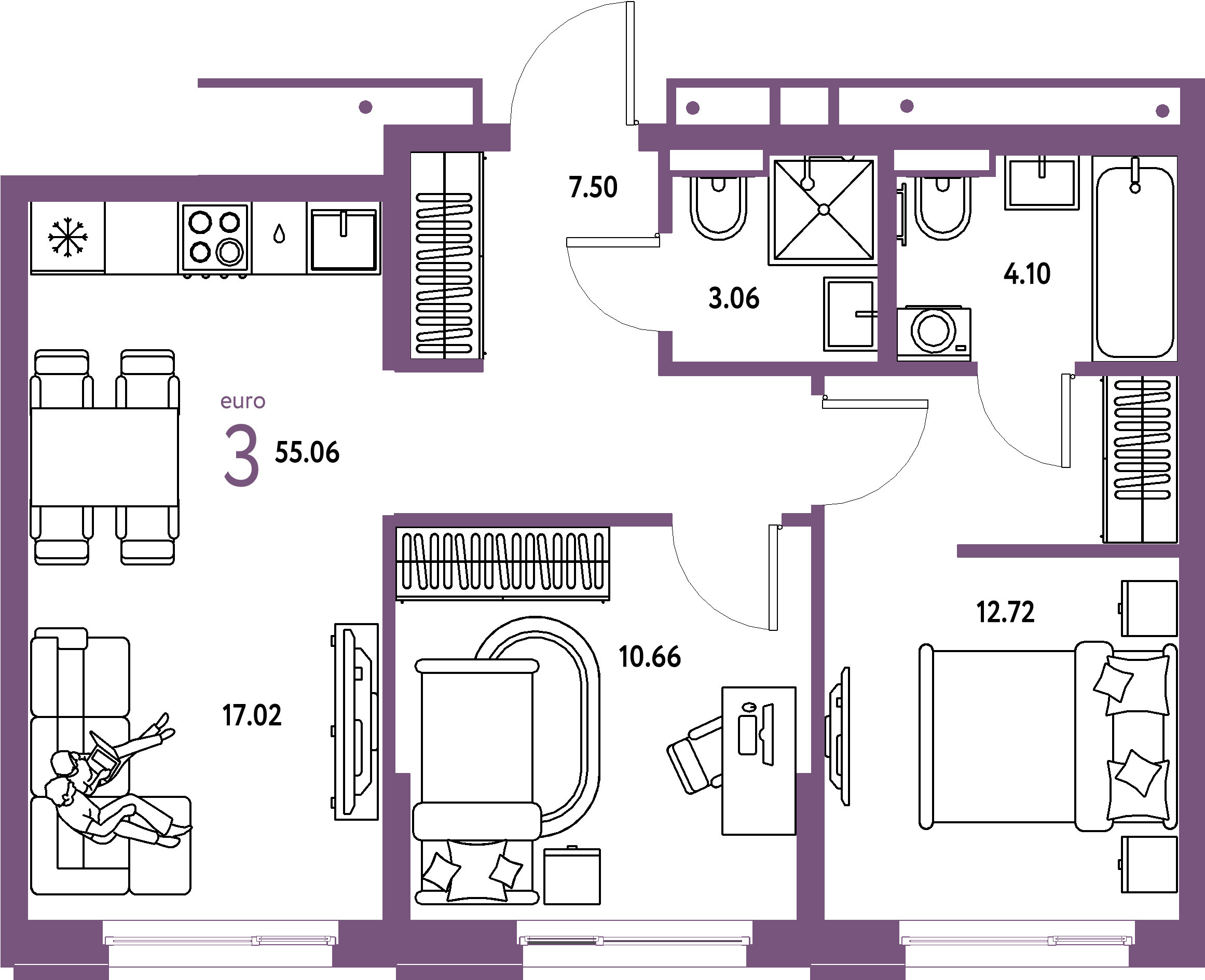 ЖК "Домашний"-3-комнатная 55.06 м²