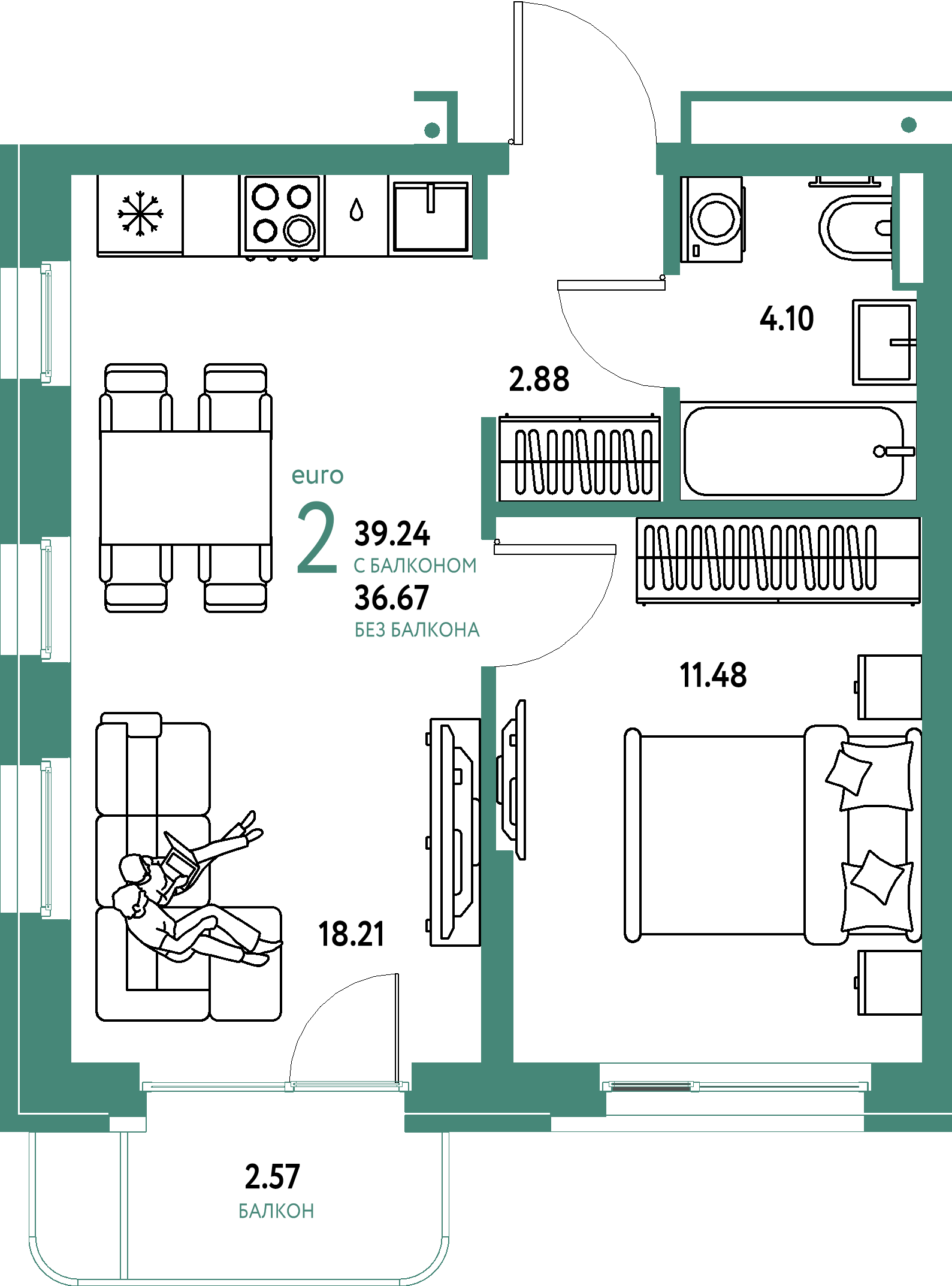 ЖК "Домашний"-2-комнатная 39.24 м²