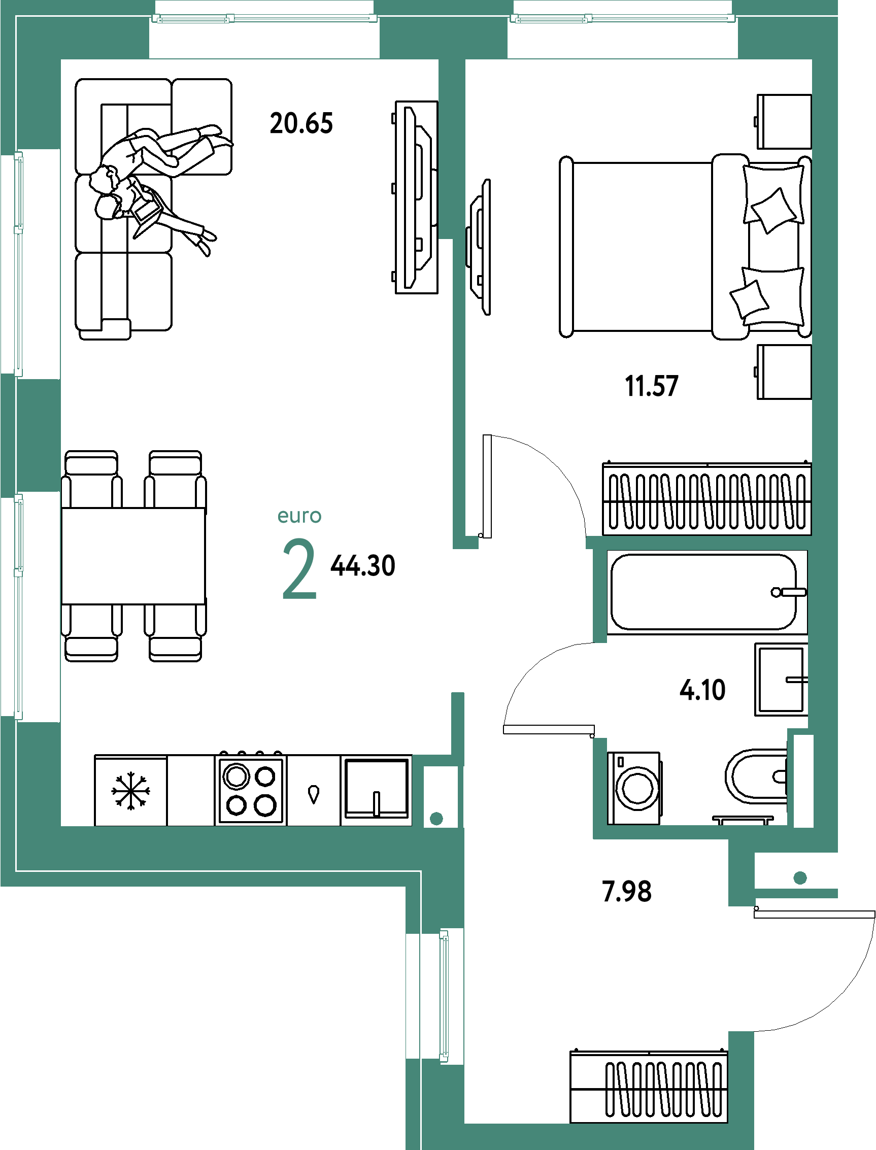 ЖК "Домашний"-2-комнатная 44.3 м²