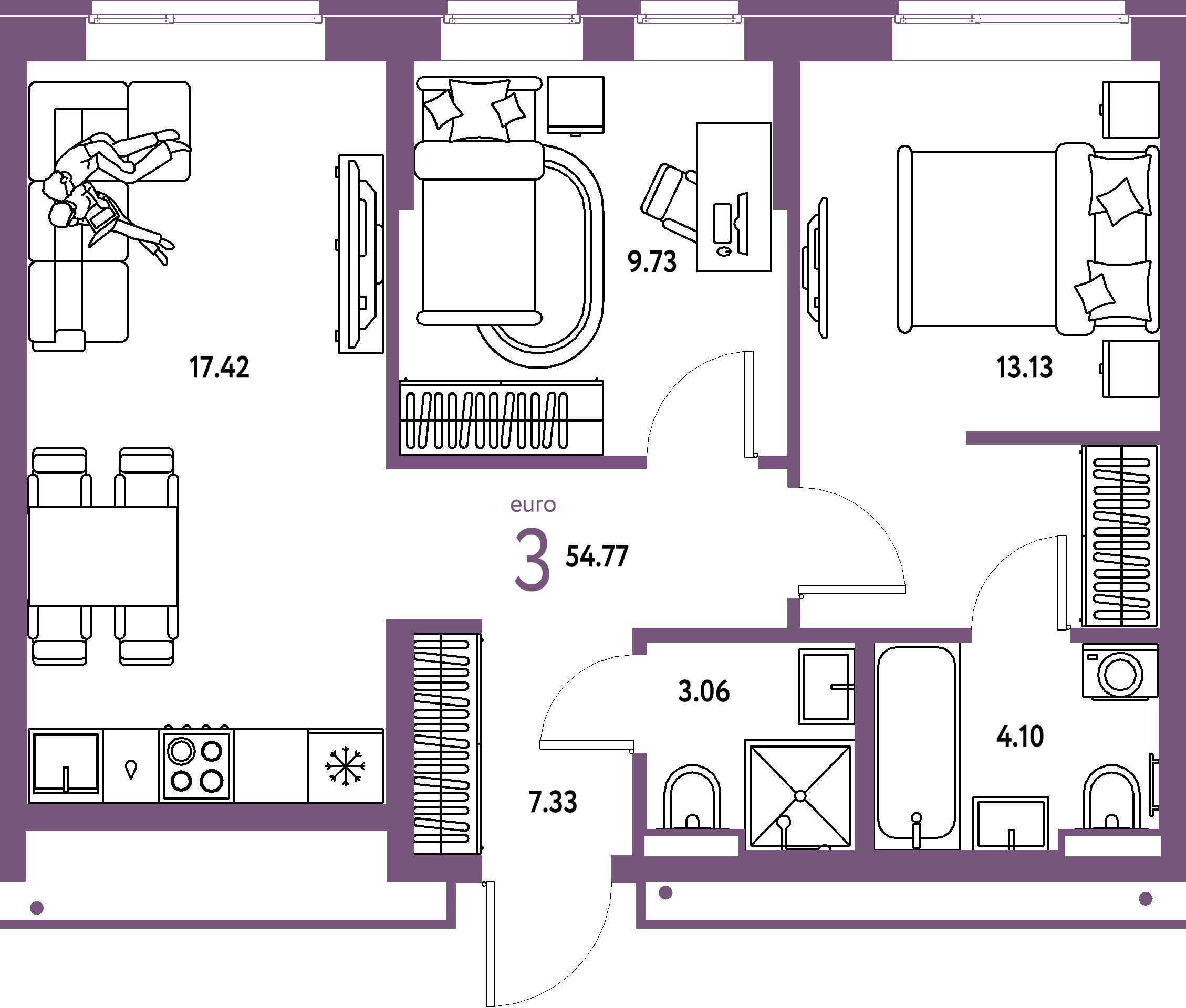 ЖК "Домашний"-3-комнатная 54.77 м²