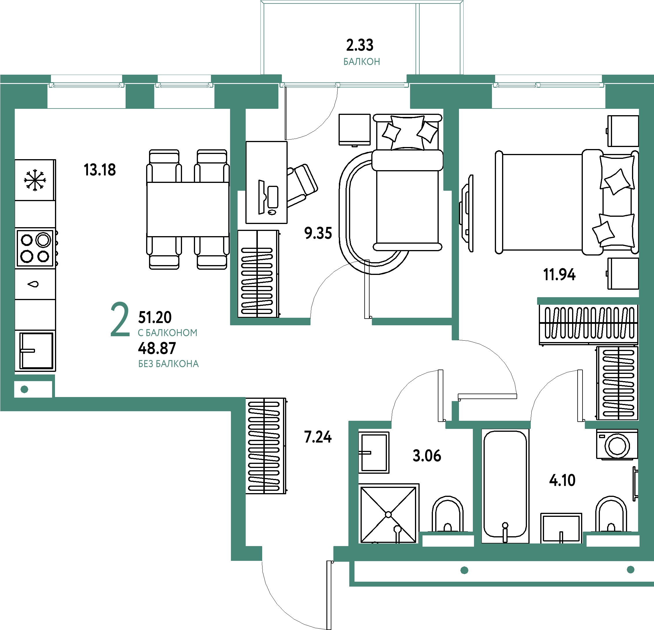 ЖК "Домашний"-2-комнатная 51.2 м²