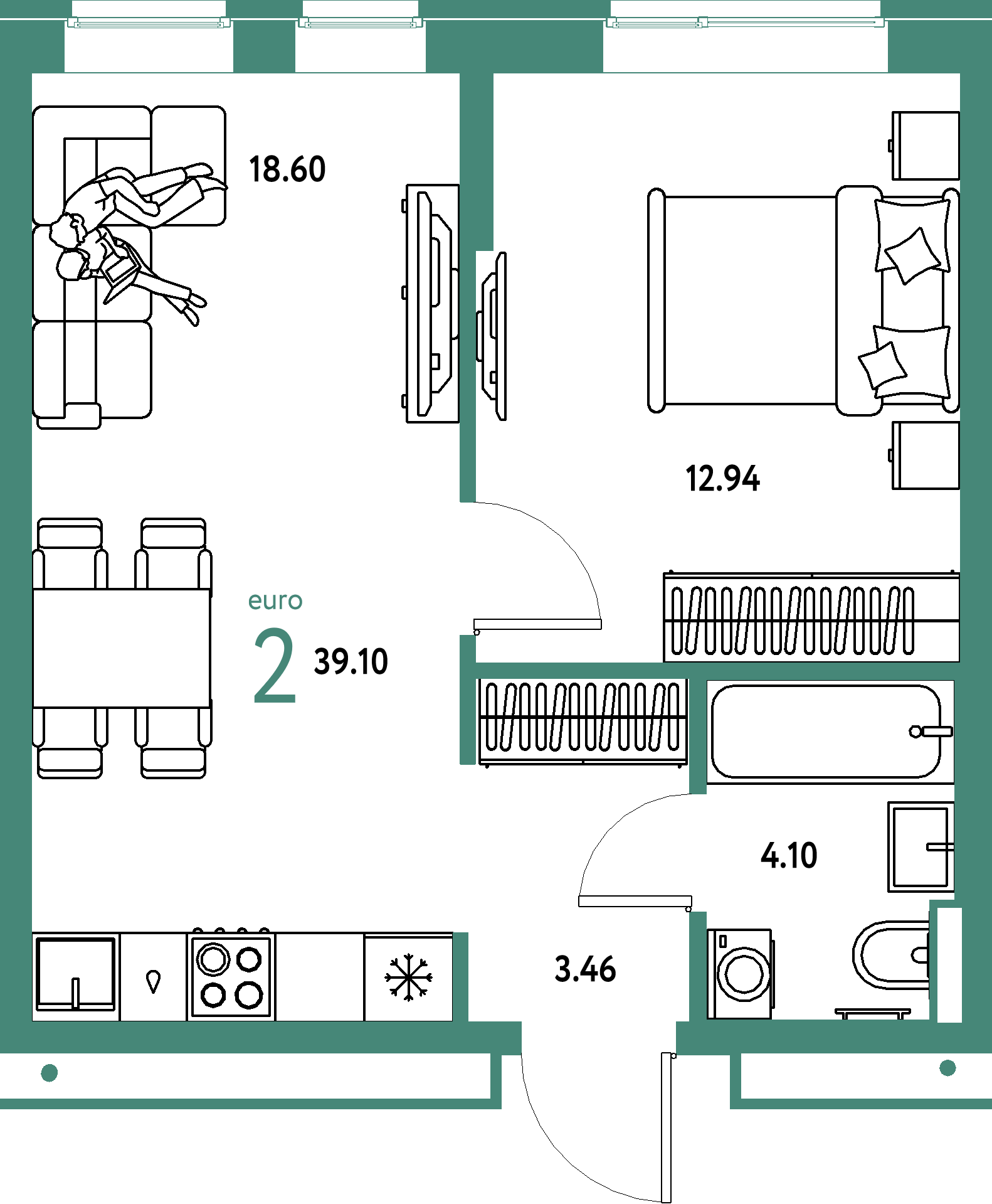 ЖК "Домашний"-2-комнатная 39.1 м²