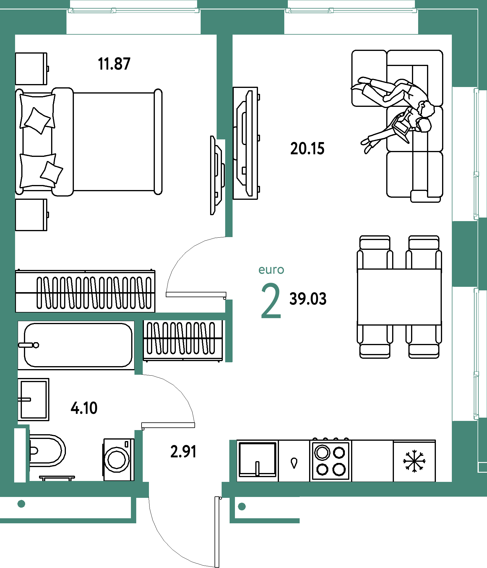 ЖК "Домашний"-2-комнатная 39.03 м²