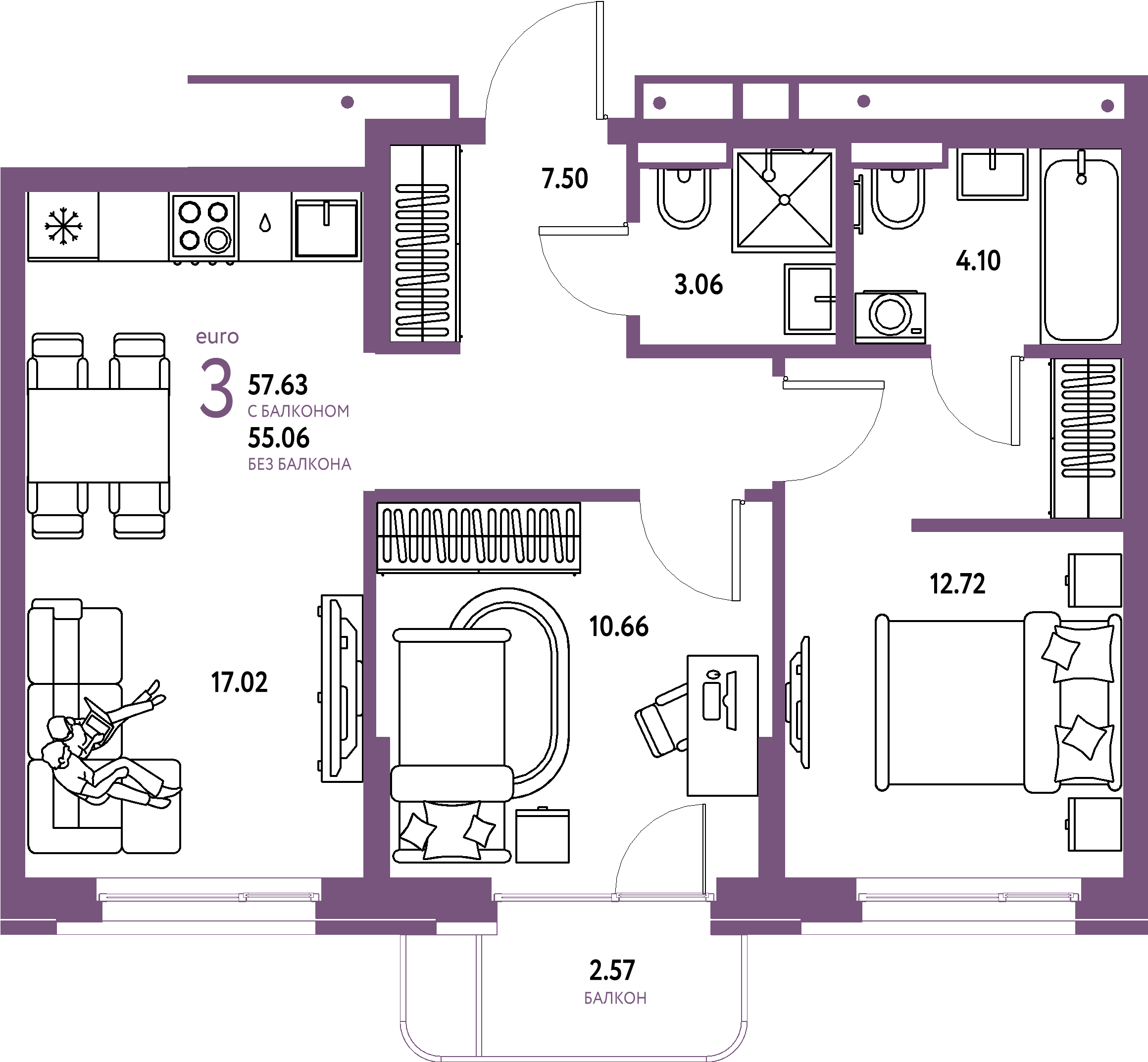 ЖК "Домашний"-3-комнатная 57.63 м²