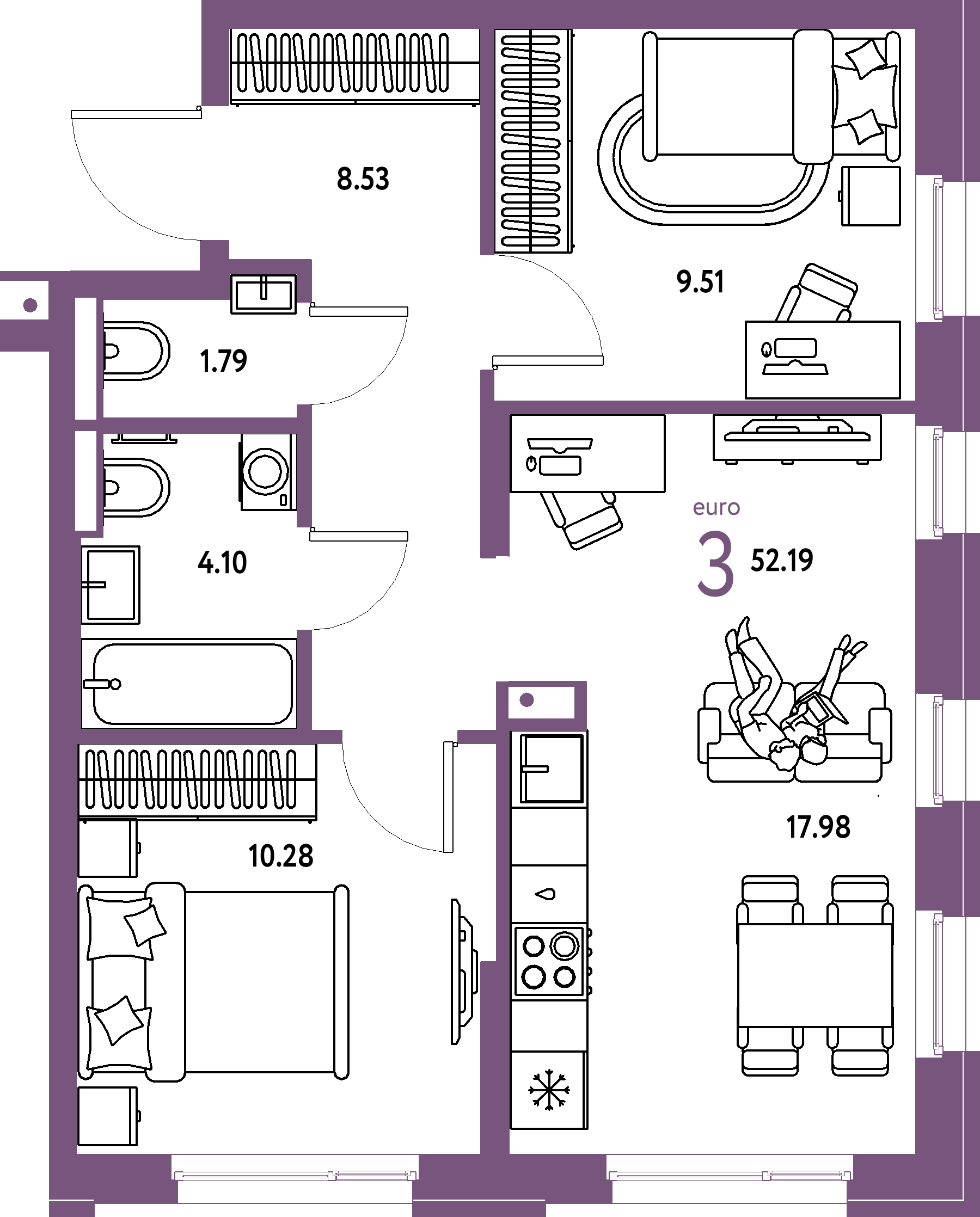 ЖК "Домашний"-3-комнатная 52.19 м²