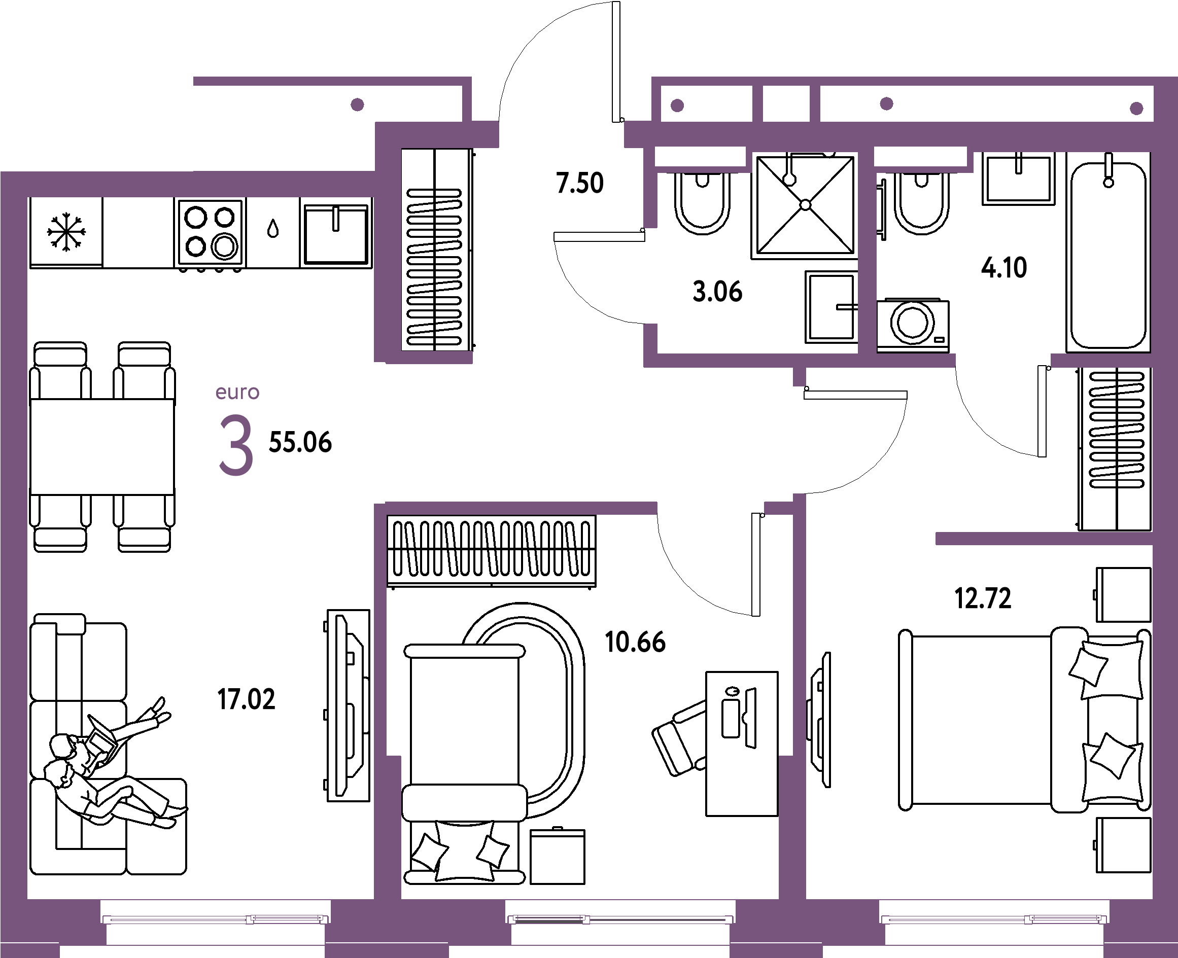ЖК "Домашний"-3-комнатная 55.06 м²