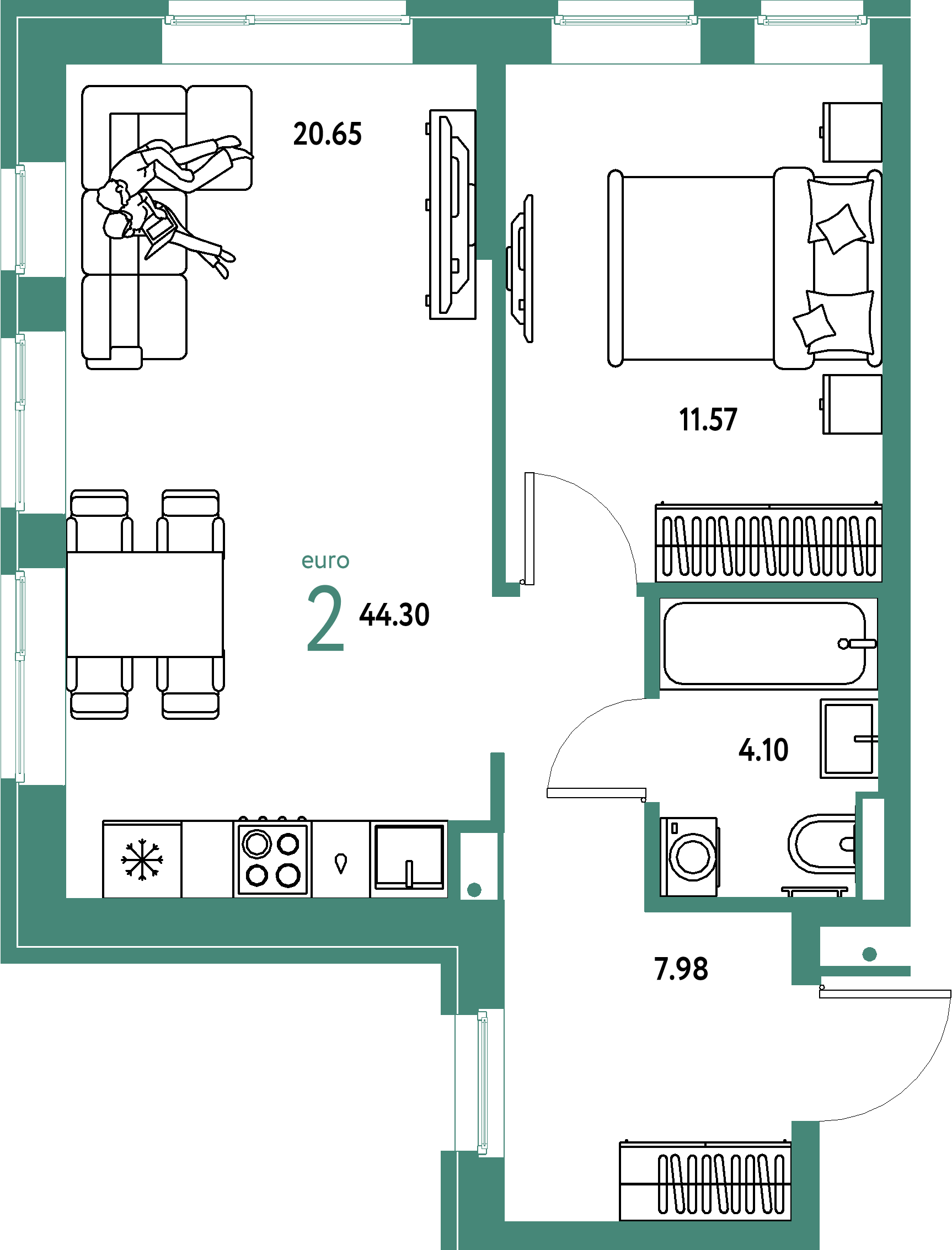 ЖК "Домашний"-2-комнатная 44.3 м²