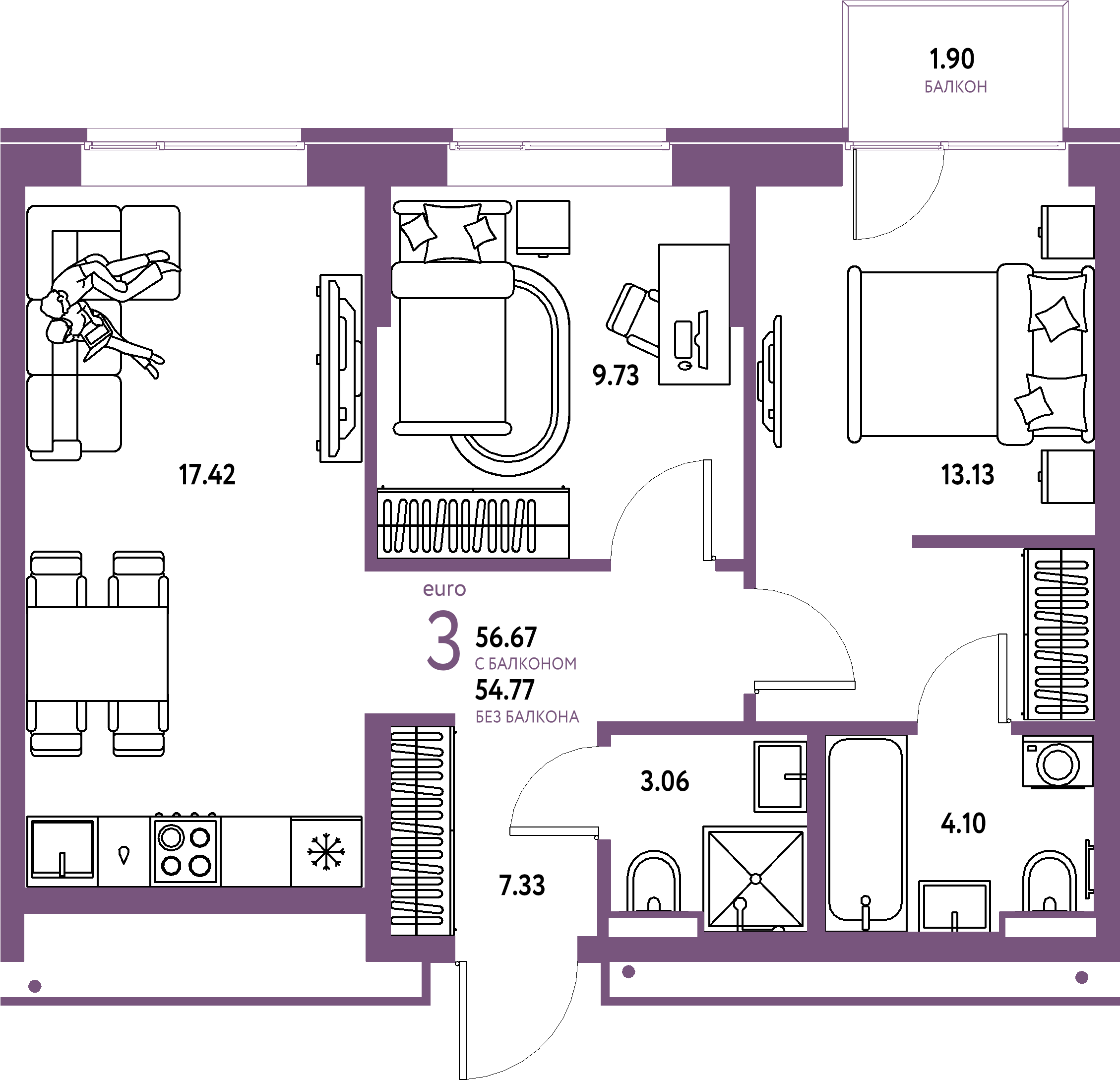 ЖК "Домашний"-3-комнатная 56.67 м²