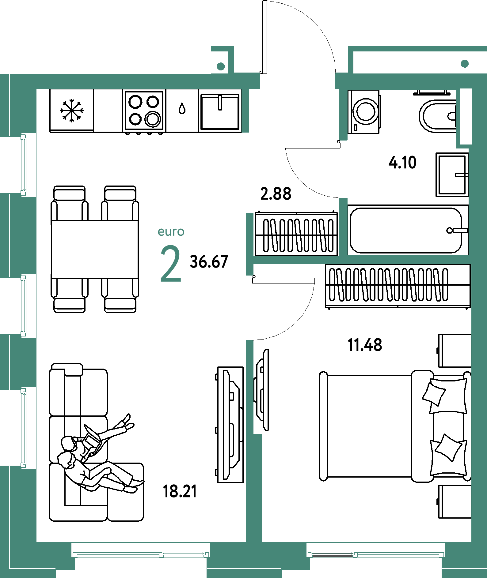 ЖК "Домашний"-2-комнатная 36.67 м²