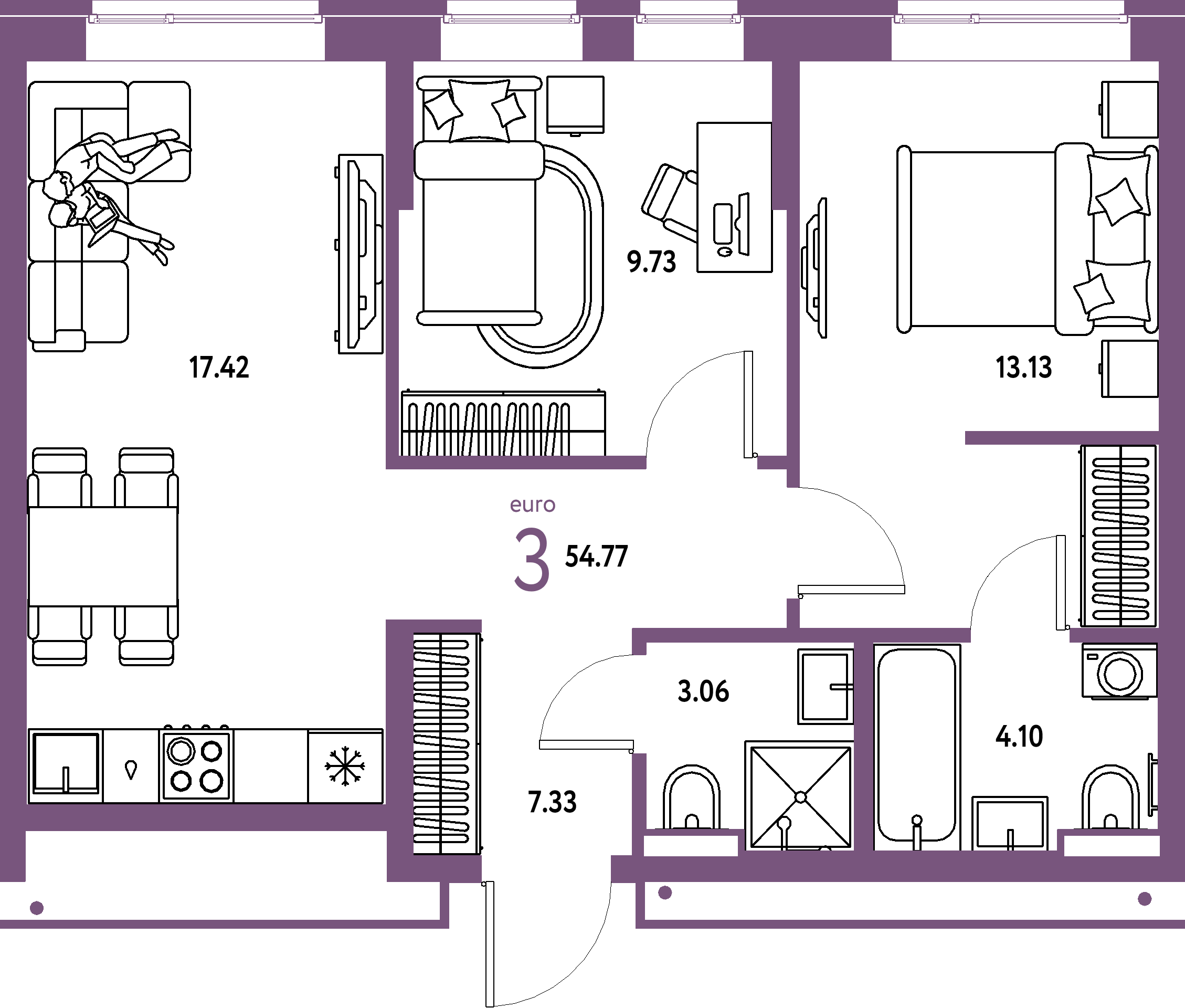 ЖК "Домашний"-3-комнатная 54.77 м²