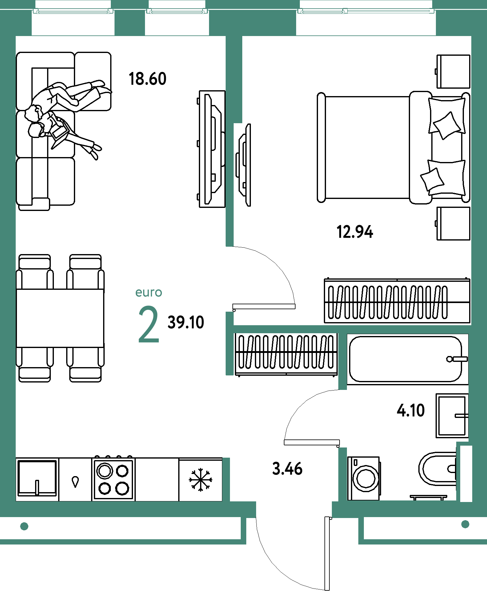 ЖК "Домашний"-2-комнатная 39.1 м²