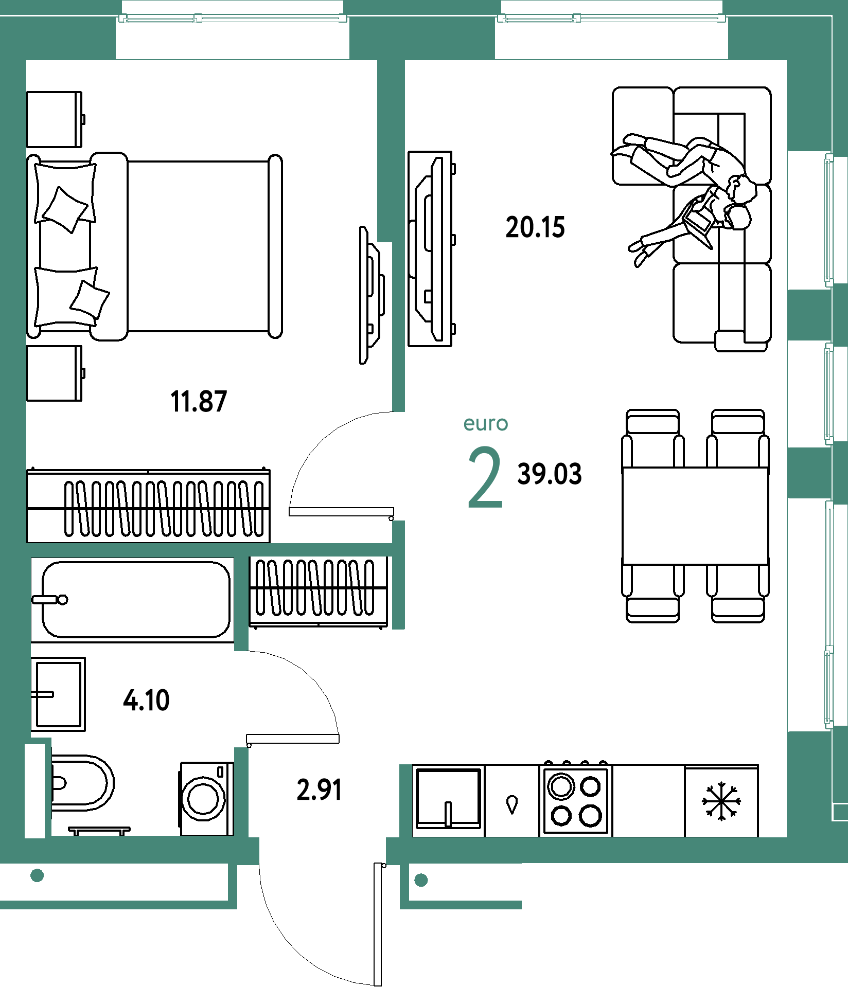 ЖК "Домашний"-2-комнатная 39.03 м²
