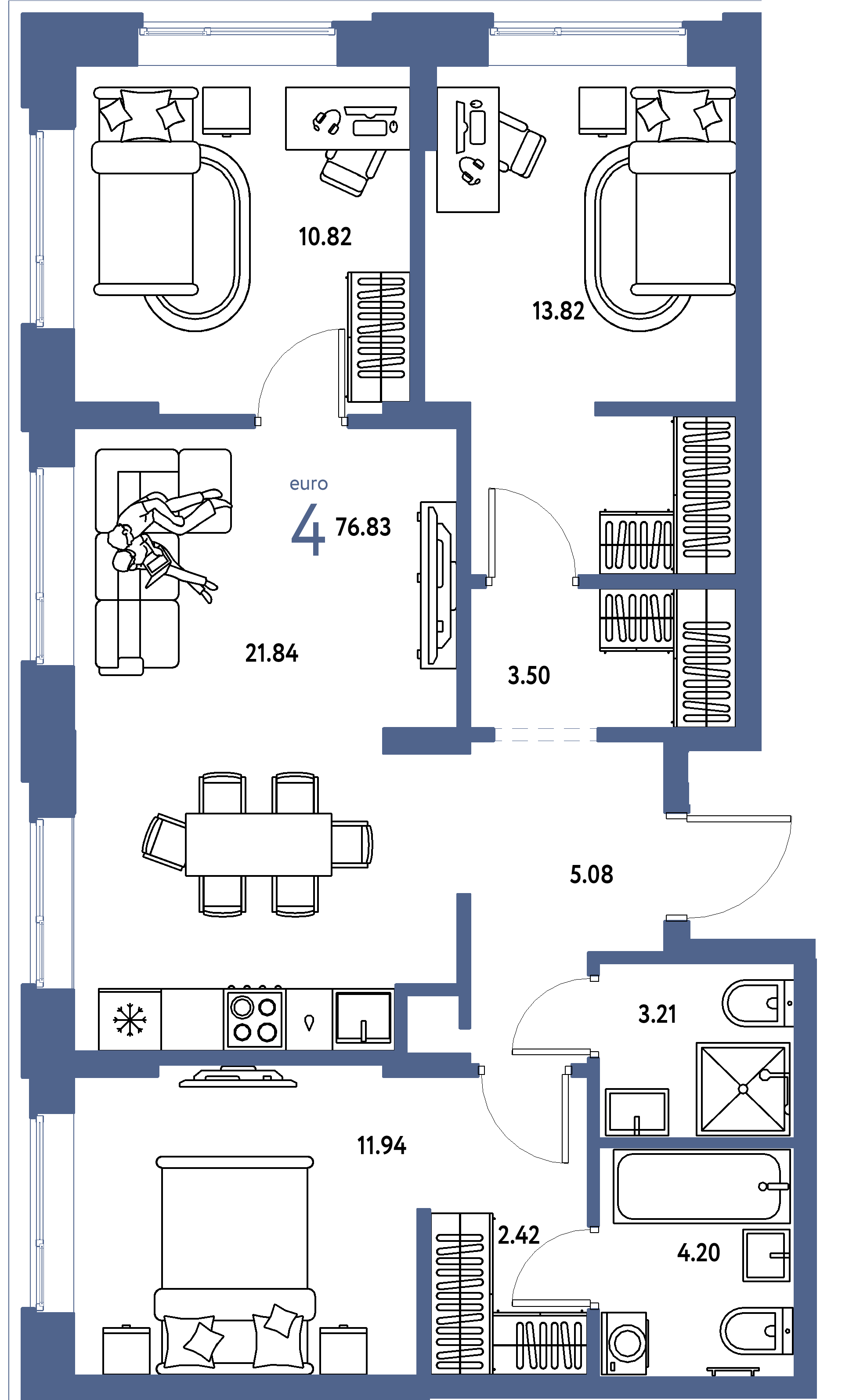 Купить 4-комнатную квартиру 76.83м², этаж №2 кв №1 в ЖК 