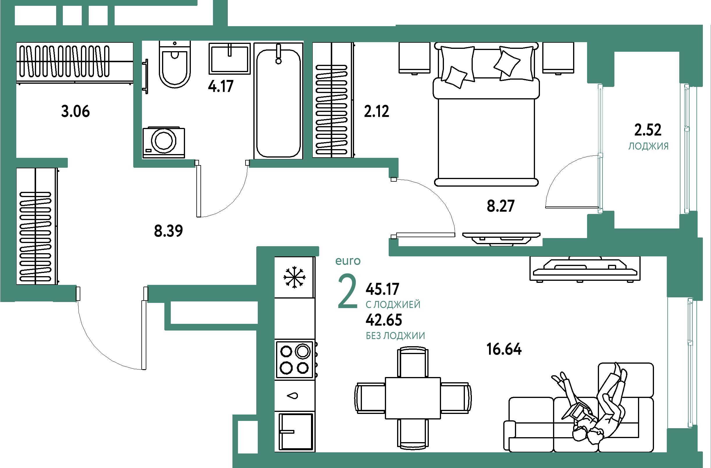 Купить 2-комнатную квартиру 45.17м², этаж №2 кв №6 в ЖК 