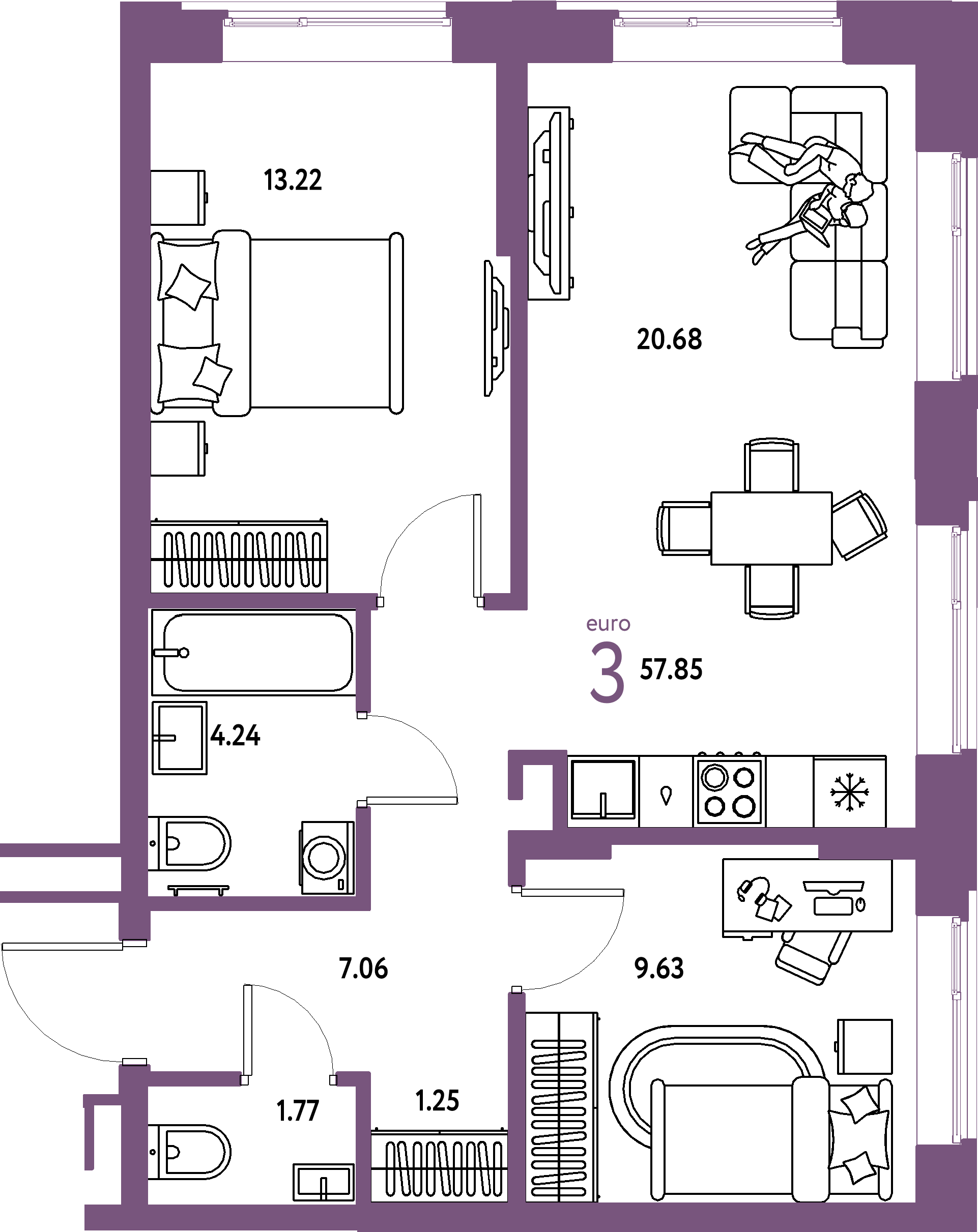 ЖК "Домашний"-3-комнатная 57.85 м²
