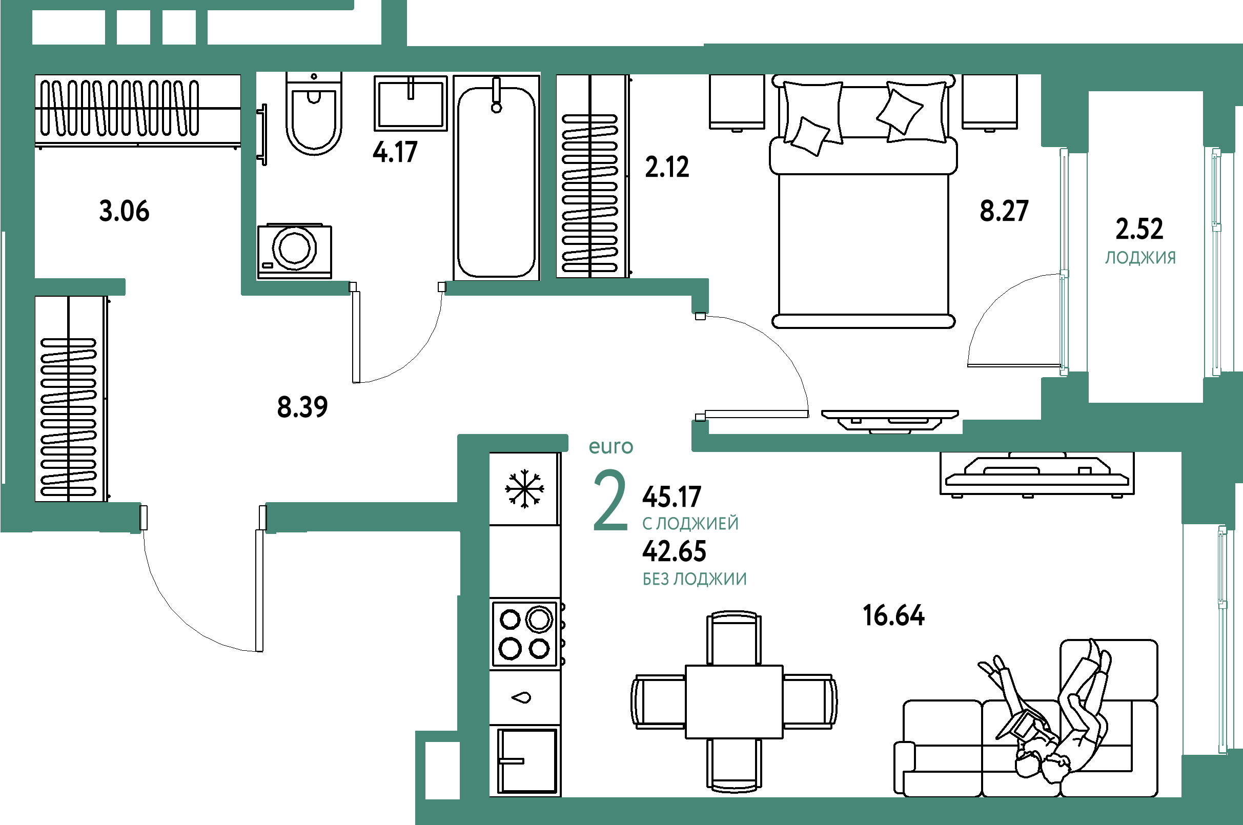 Купить 2-комнатную квартиру 45.17м², этаж №3 кв №17 в ЖК 