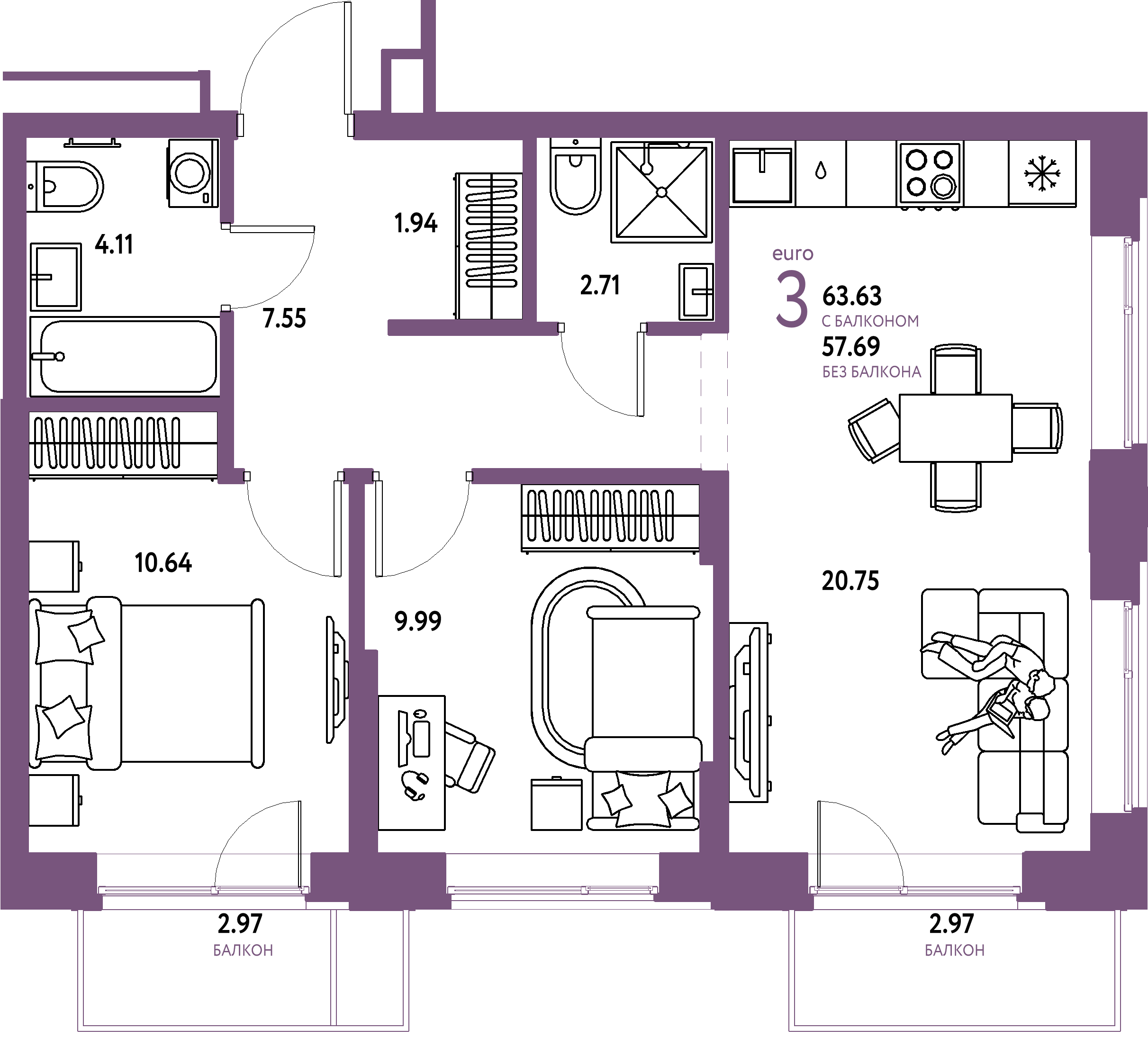 ЖК "Домашний"-3-комнатная 63.63 м²