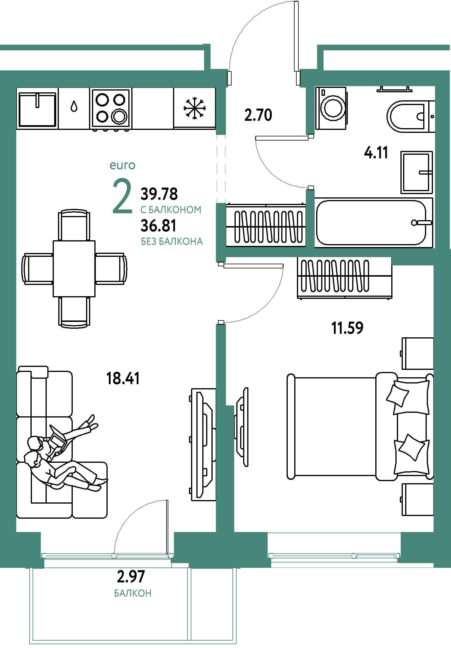 ЖК "Домашний"-2-комнатная 39.78 м²