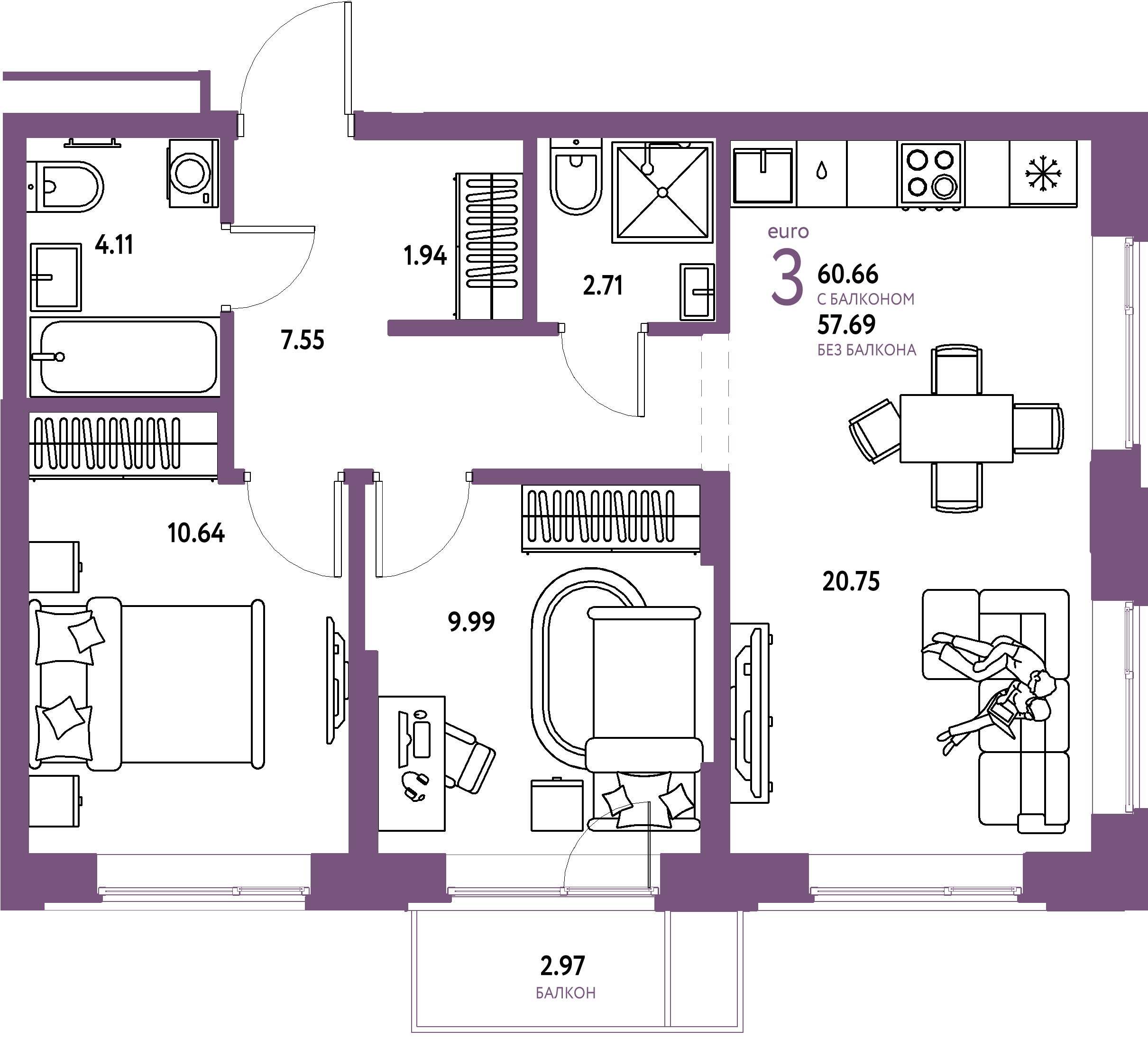 Купить 3-комнатную квартиру 60.66м², этаж №4 кв №29 в ЖК 