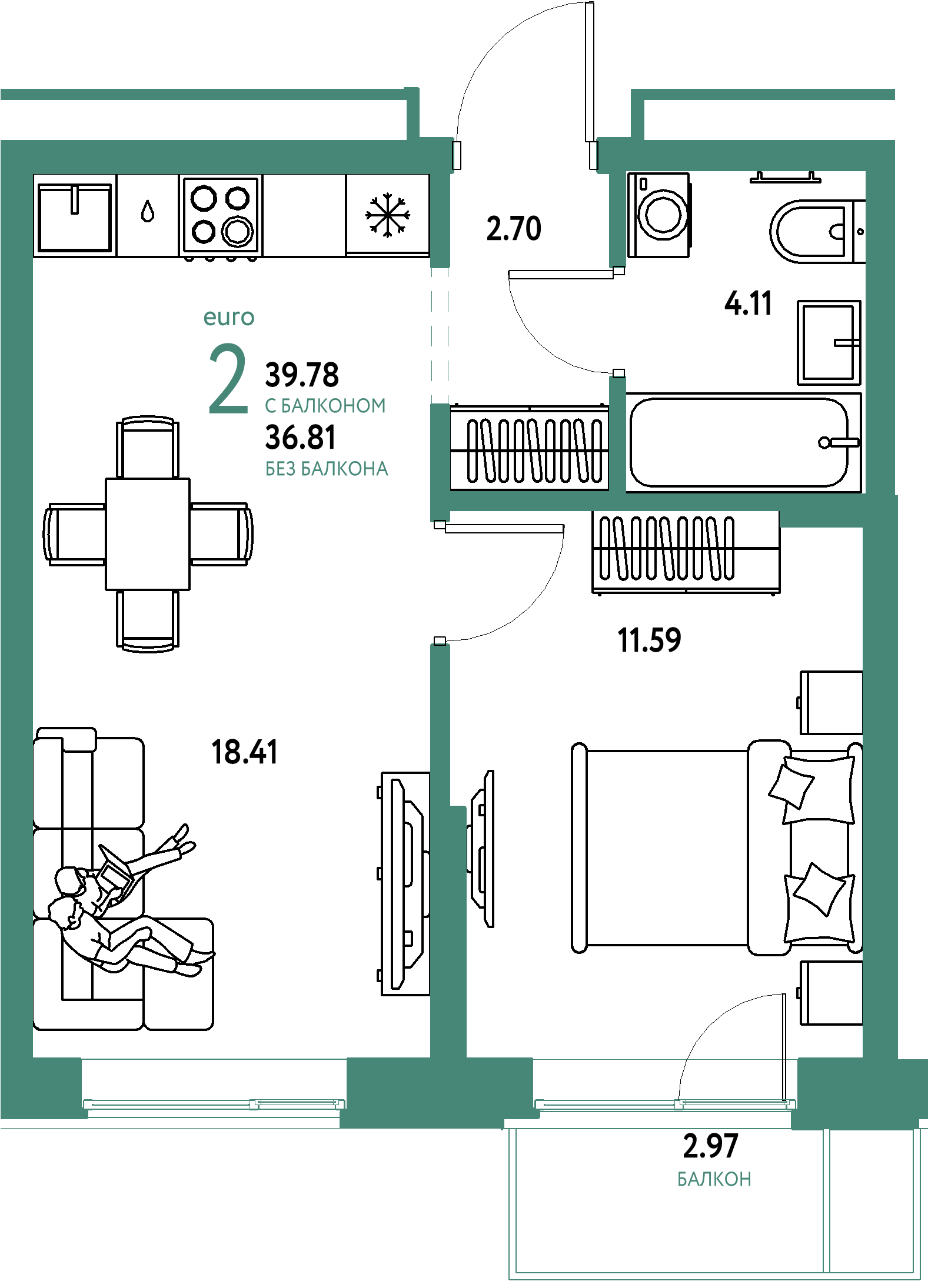 Купить 2-комнатную квартиру 39.78м², этаж №4 кв №30 в ЖК 