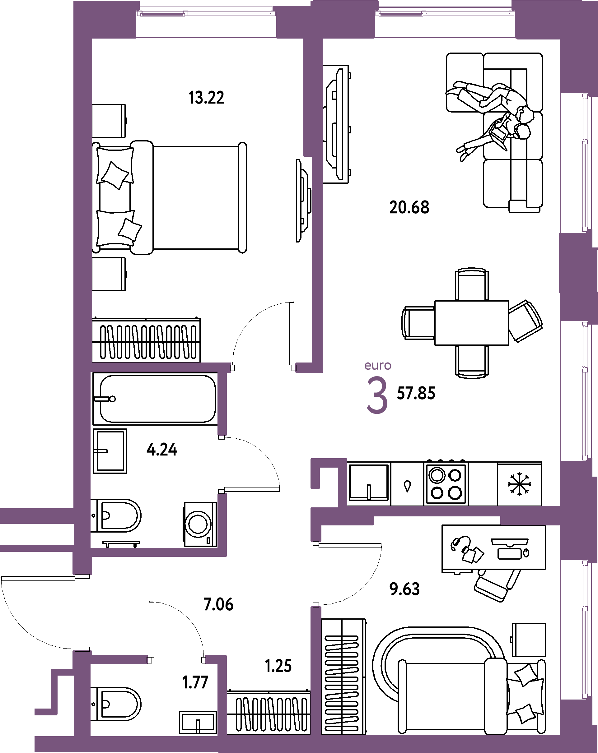 Купить 3-комнатную квартиру 57.85м², этаж №5 кв №38 в ЖК 