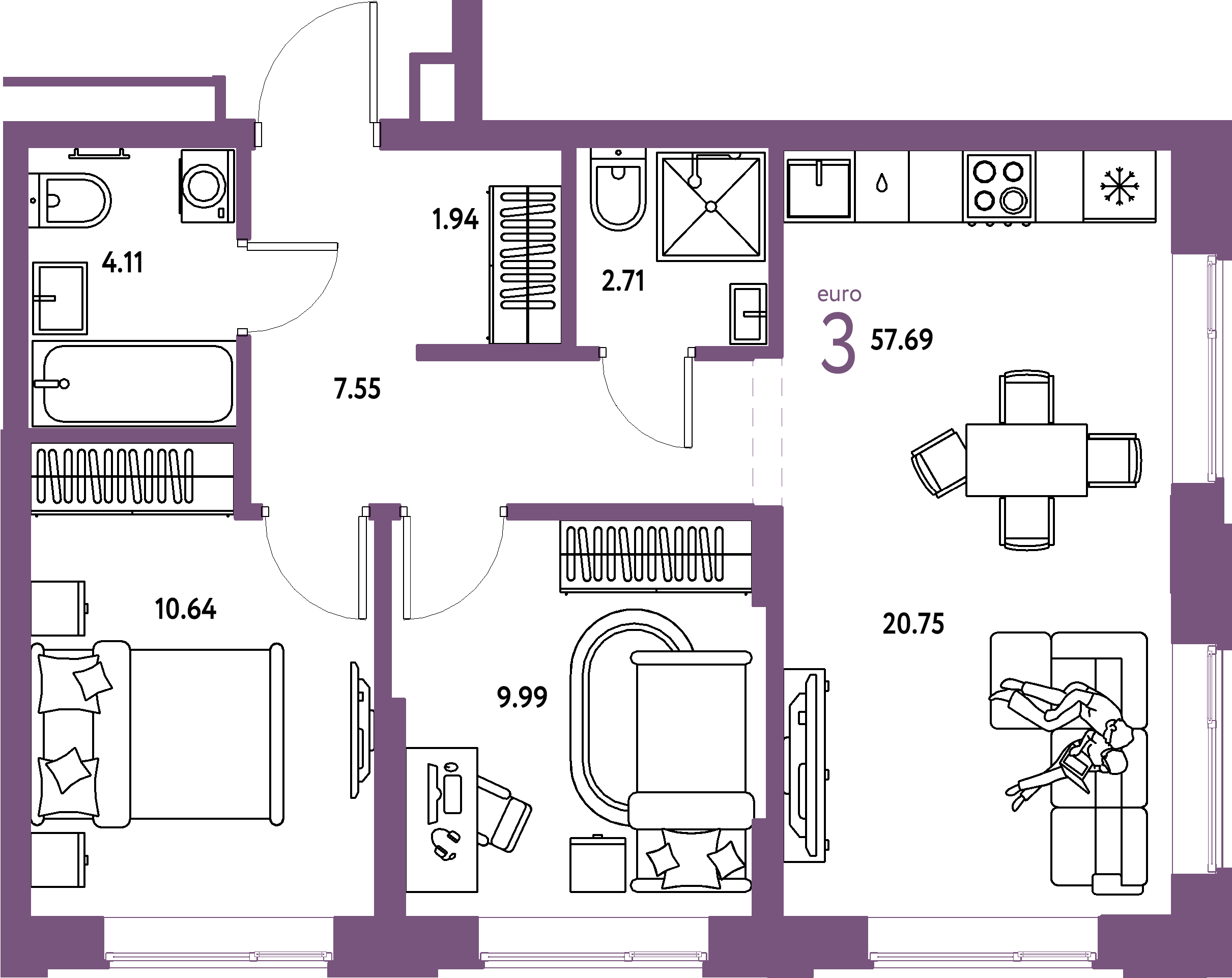 Купить 3-комнатную квартиру 57.69м², этаж №5 кв №40 в ЖК 