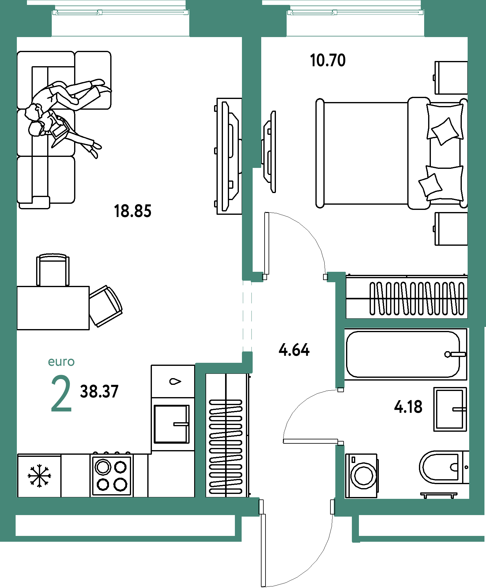 ЖК "Домашний"-2-комнатная 38.37 м²