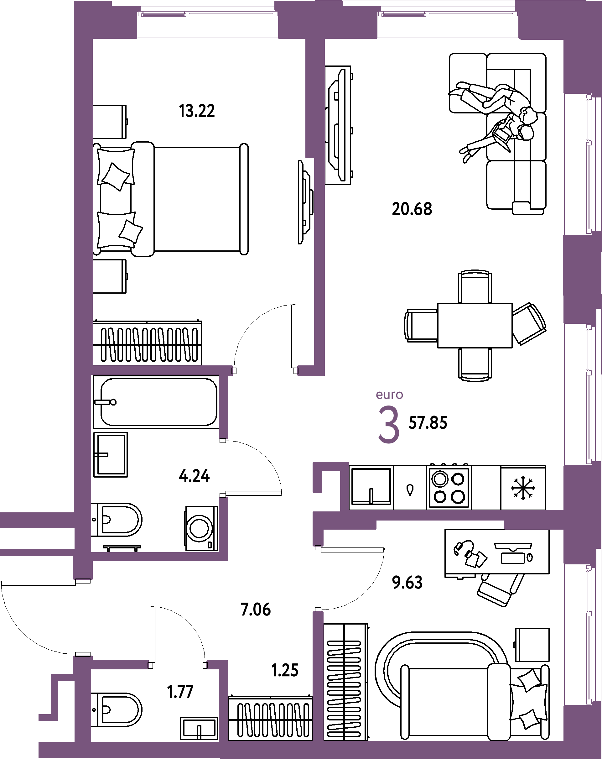 Купить 3-комнатную квартиру 57.85м², этаж №6 кв №49 в ЖК 