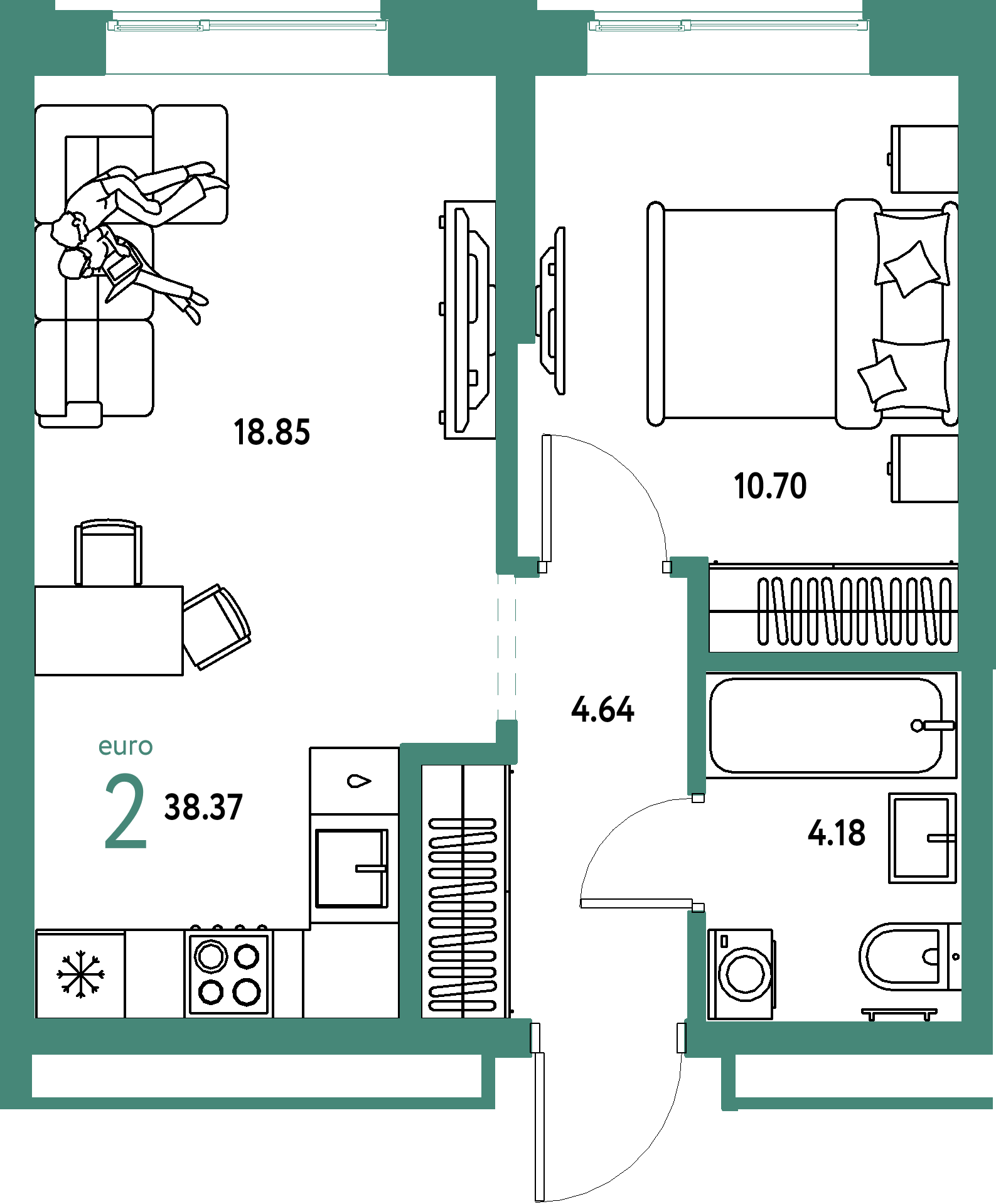 ЖК "Домашний"-2-комнатная 38.37 м²