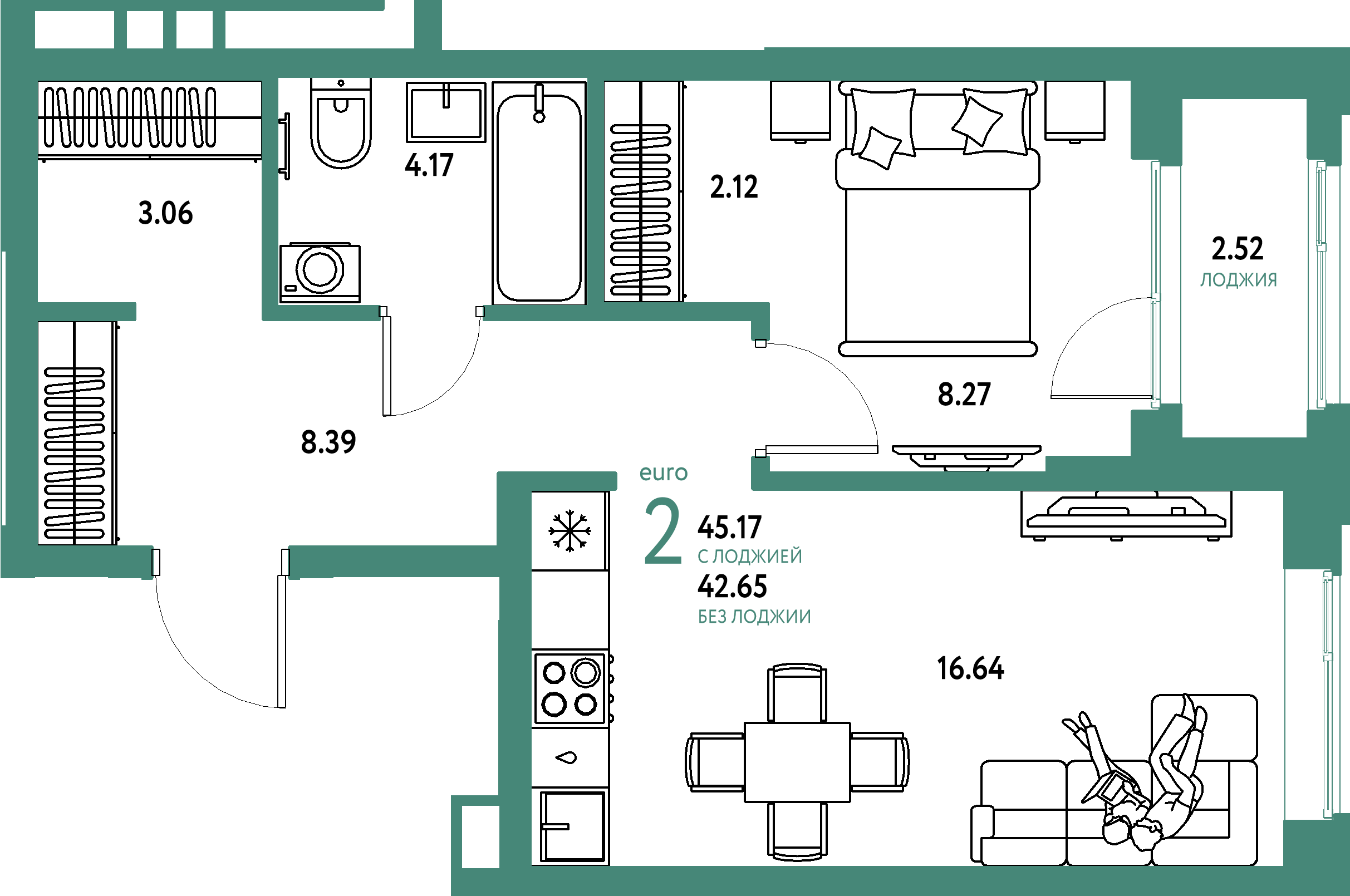 Купить 2-комнатную квартиру 45.17м², этаж №7 кв №61 в ЖК 