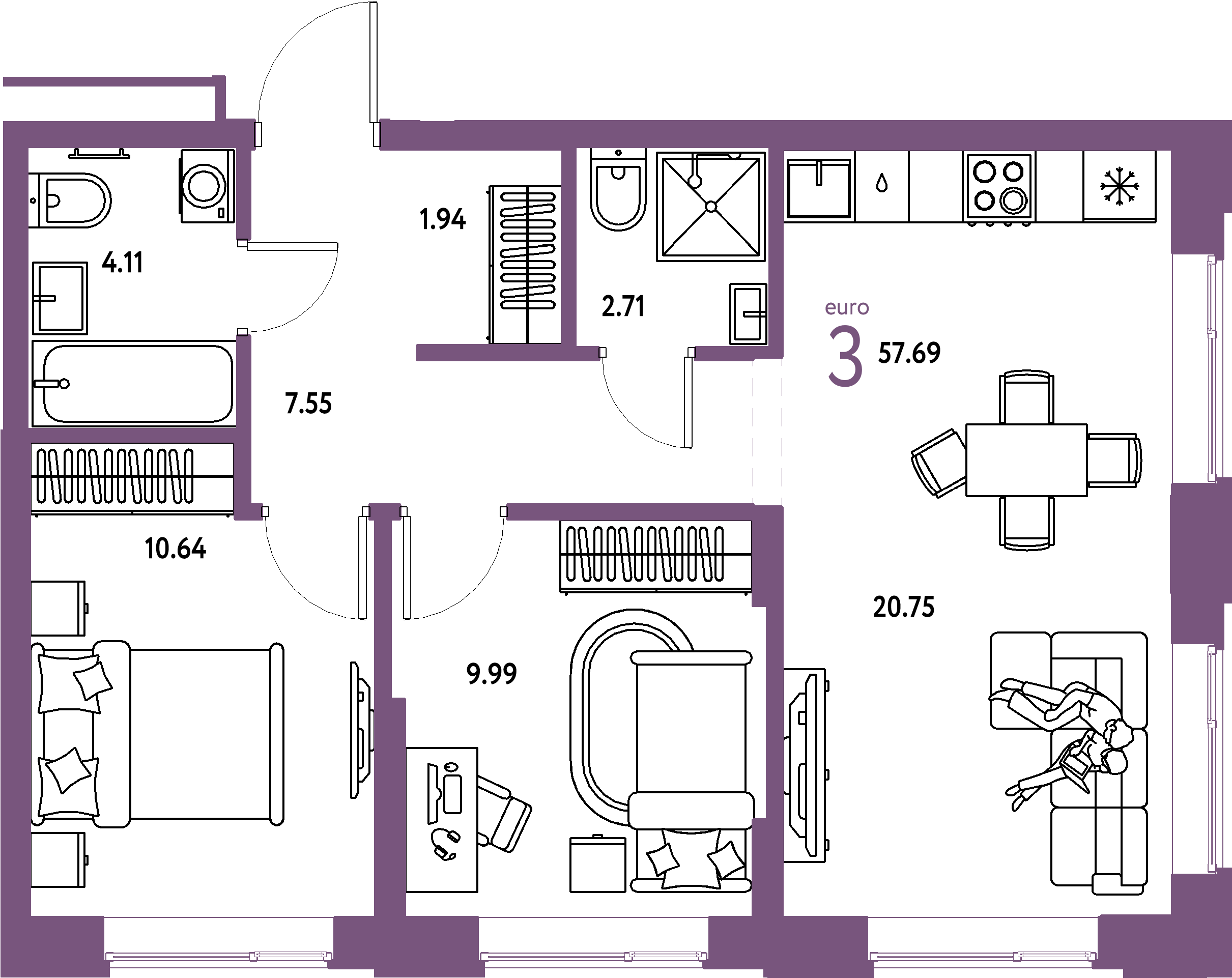 ЖК "Домашний"-3-комнатная 57.69 м²