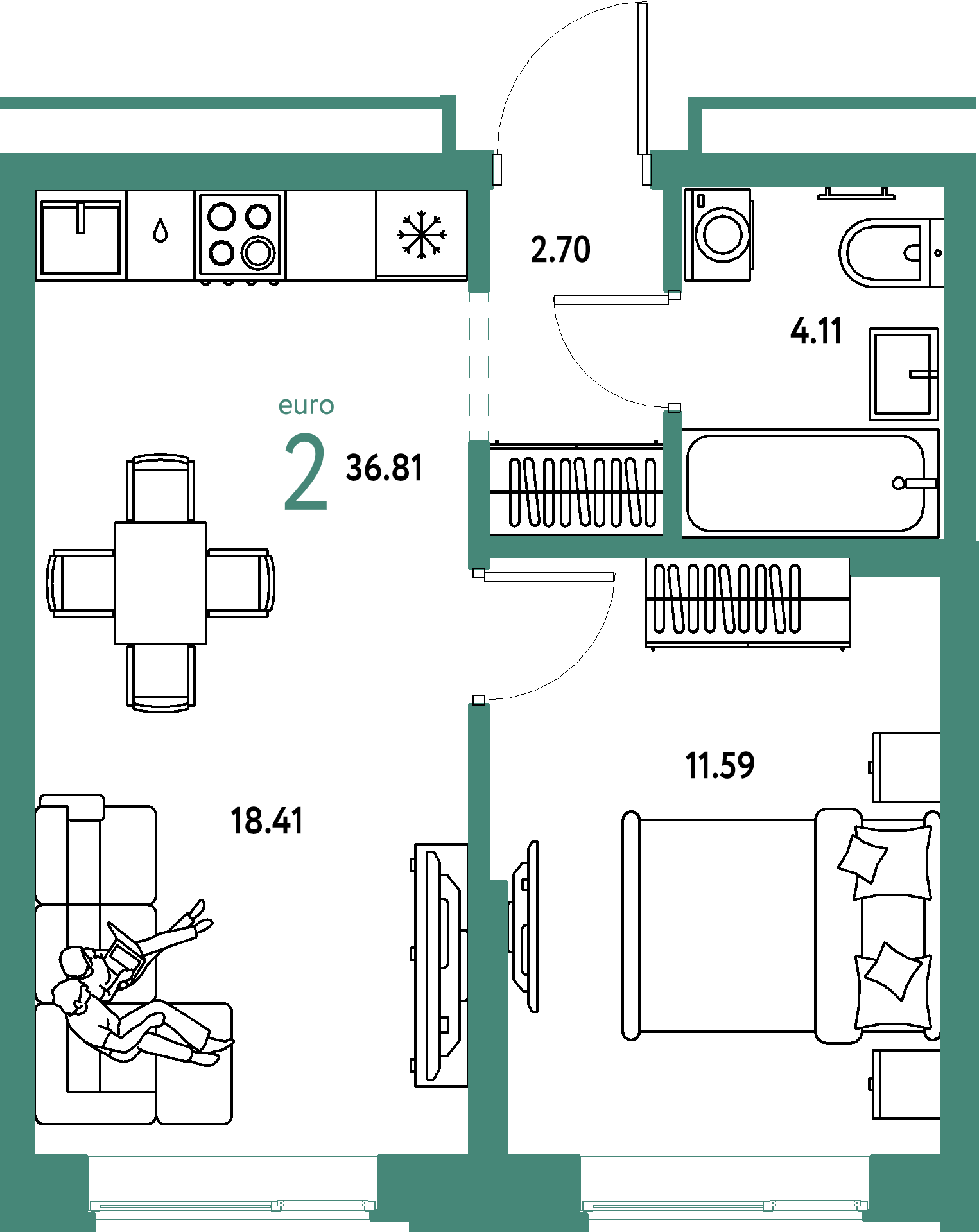 ЖК "Домашний"-2-комнатная 36.81 м²