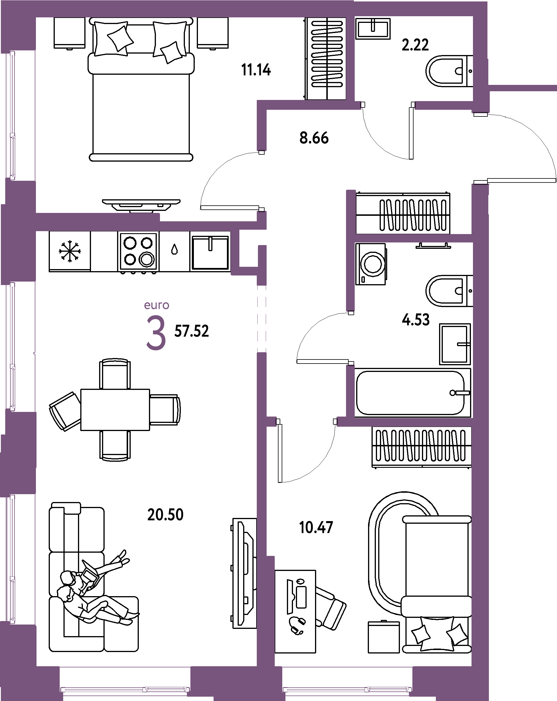 Купить 3-комнатную квартиру 57.52м², этаж №7 кв №66 в ЖК 