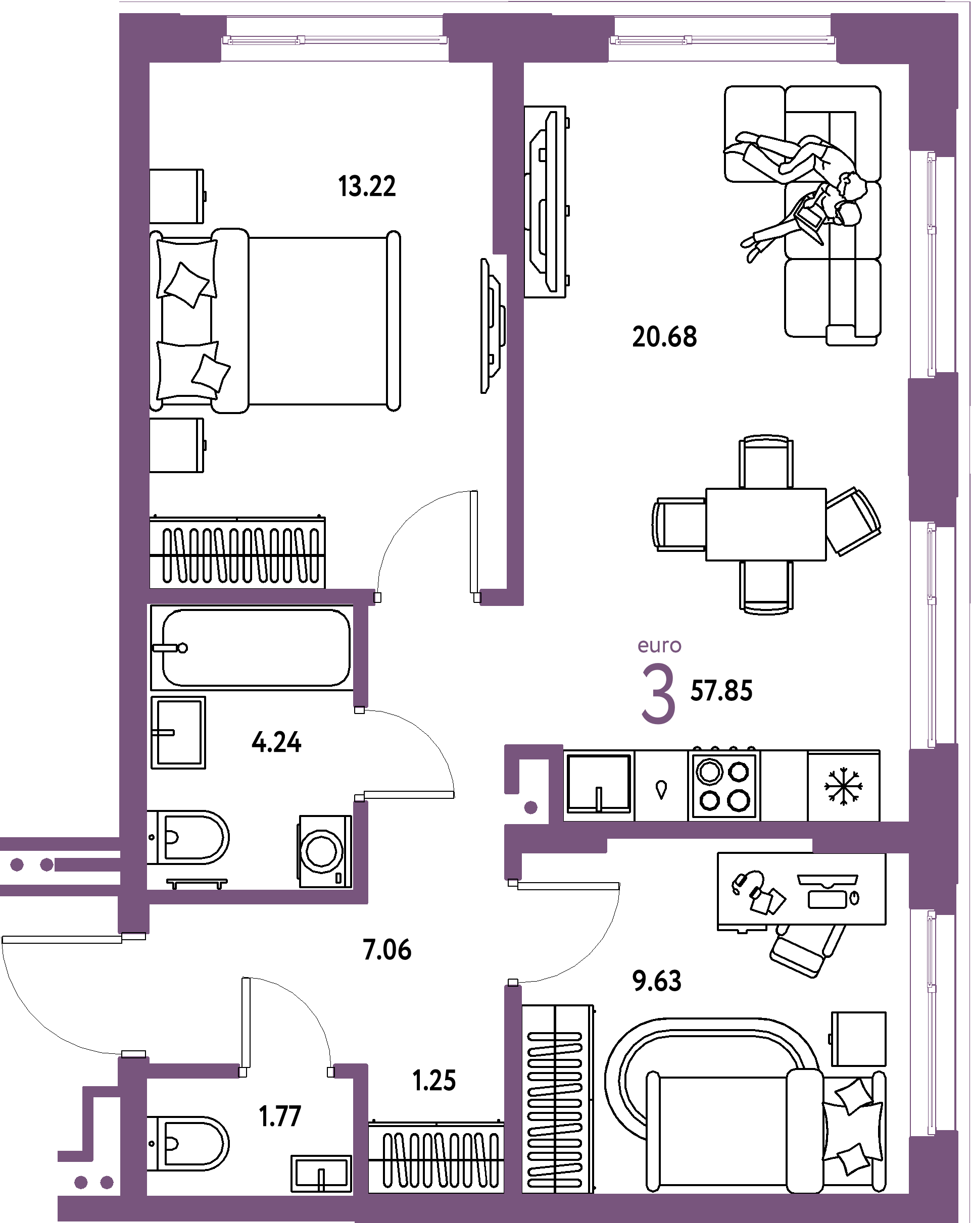 ЖК "Домашний"-3-комнатная 57.85 м²