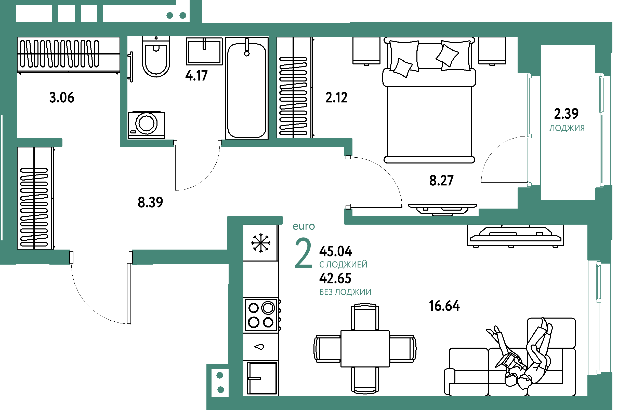 ЖК "Домашний"-2-комнатная 45.04 м²
